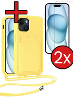 BTH BTH iPhone 15 Plus Hoesje Pashouder met Koord Met 2x Screenprotector - Geel