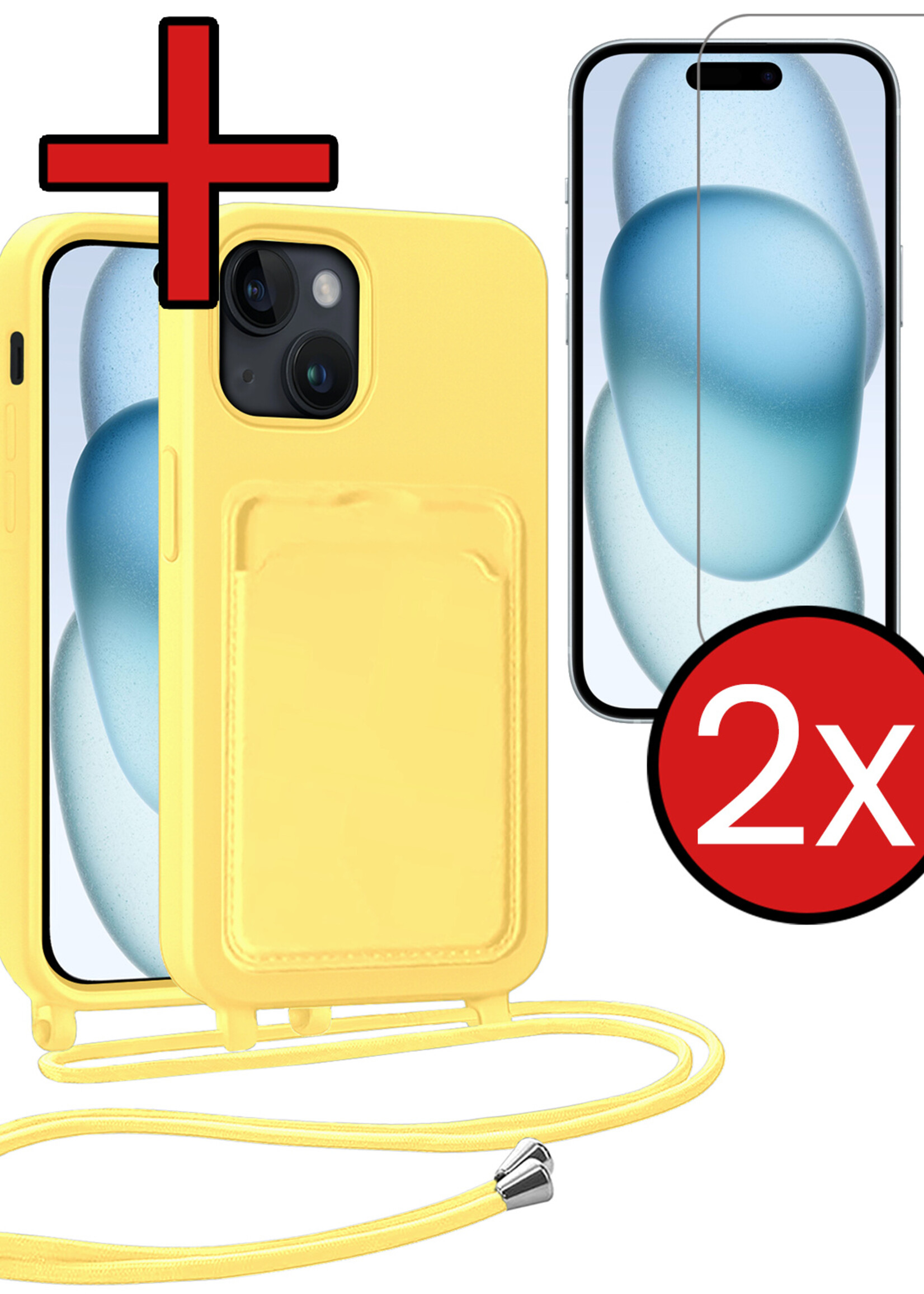 BTH BTH iPhone 15 Plus Hoesje Pashouder met Koord Met 2x Screenprotector - Geel