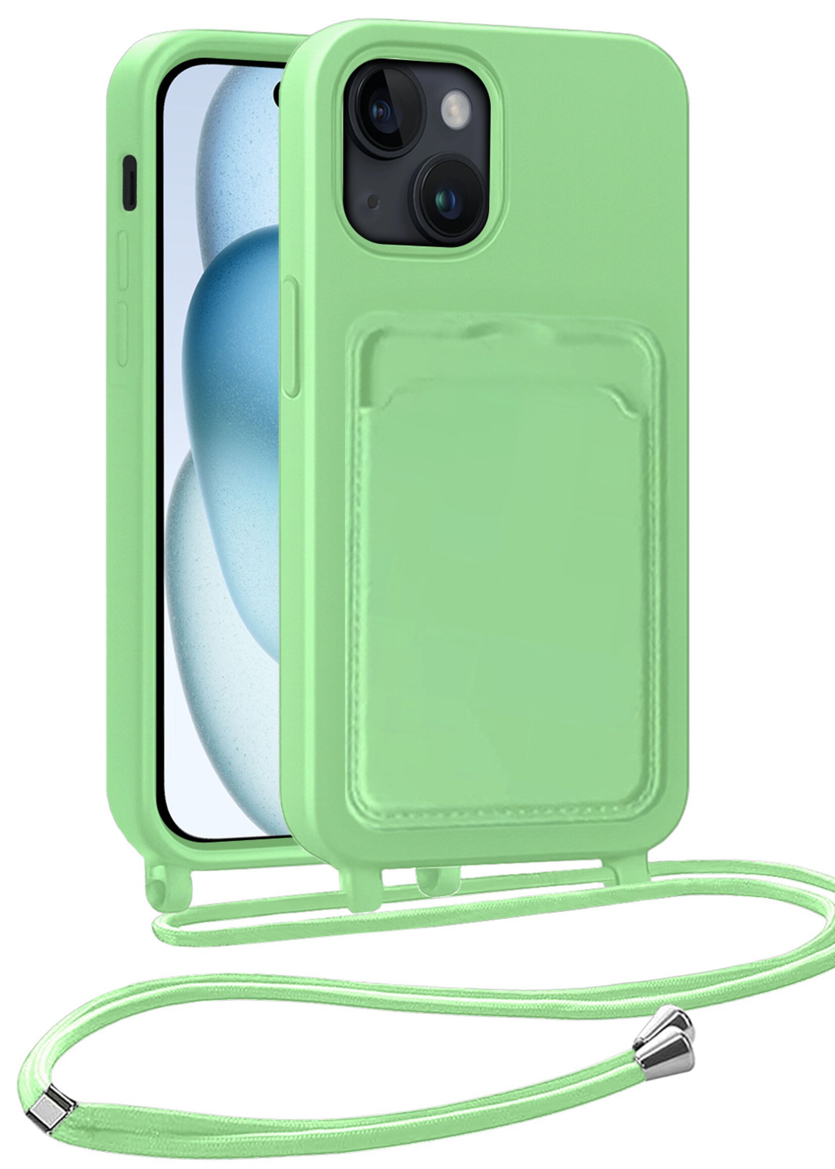 BTH BTH iPhone 15 Plus Hoesje Pashouder met Koord - Groen