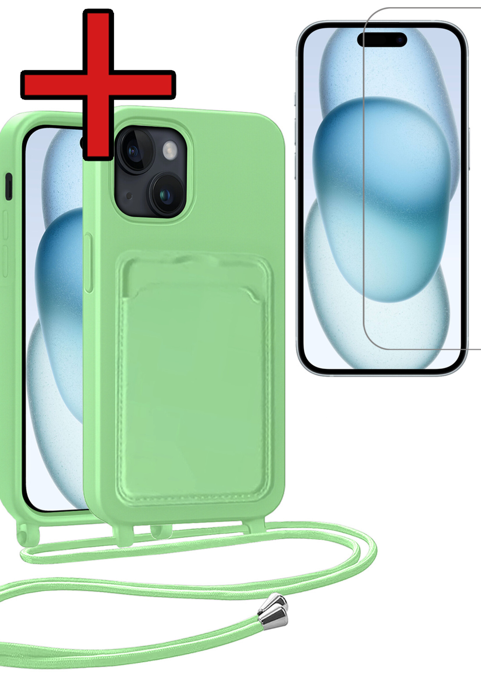 BTH BTH iPhone 15 Plus Hoesje Pashouder met Koord Met Screenprotector - Groen