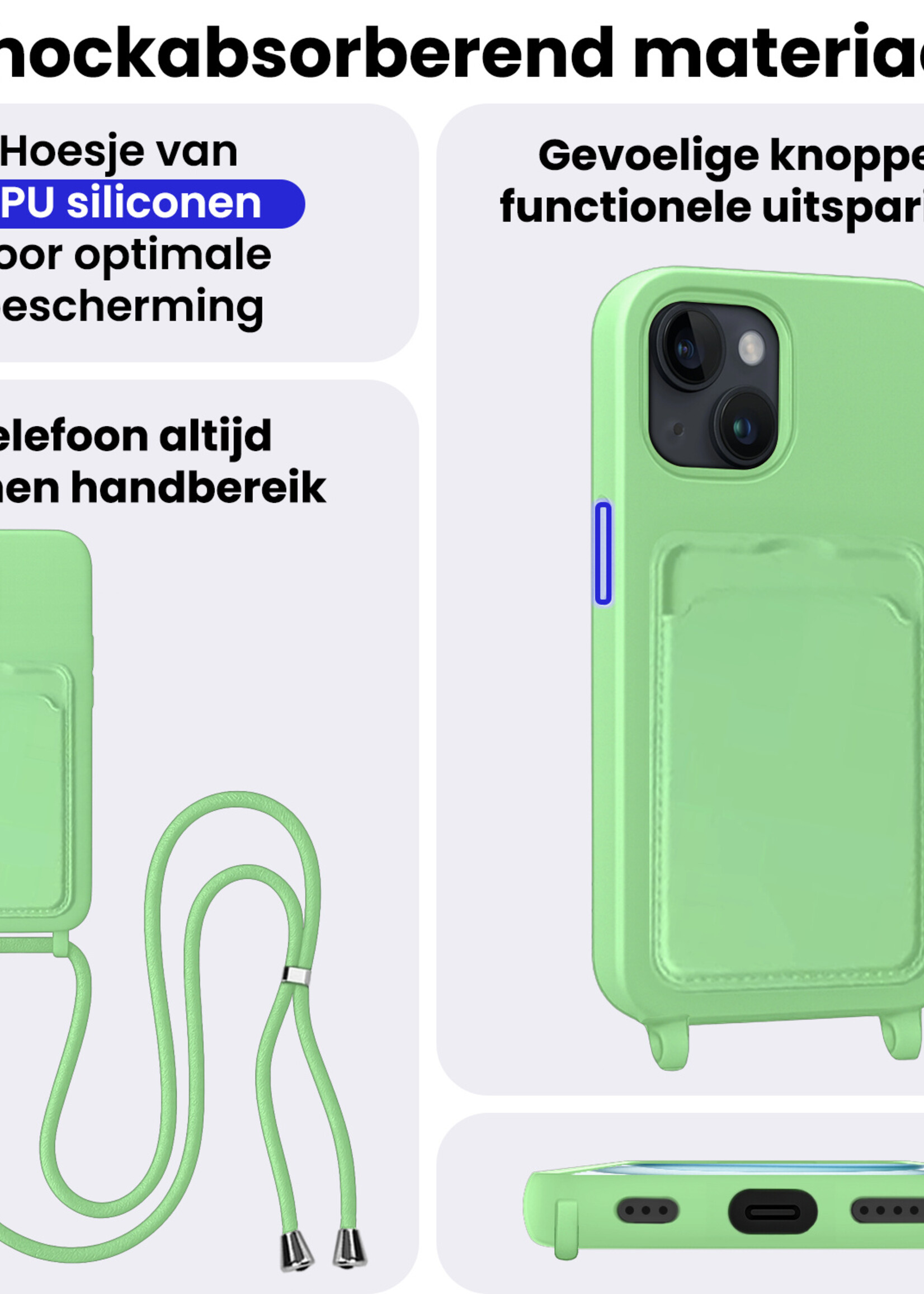 BTH BTH iPhone 15 Plus Hoesje Pashouder met Koord Met Screenprotector - Groen