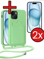 BTH BTH iPhone 15 Plus Hoesje Pashouder met Koord Met 2x Screenprotector - Groen