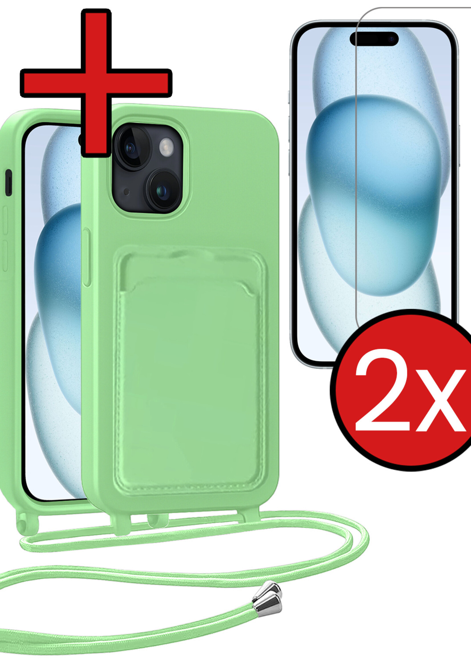 BTH BTH iPhone 15 Plus Hoesje Pashouder met Koord Met 2x Screenprotector - Groen