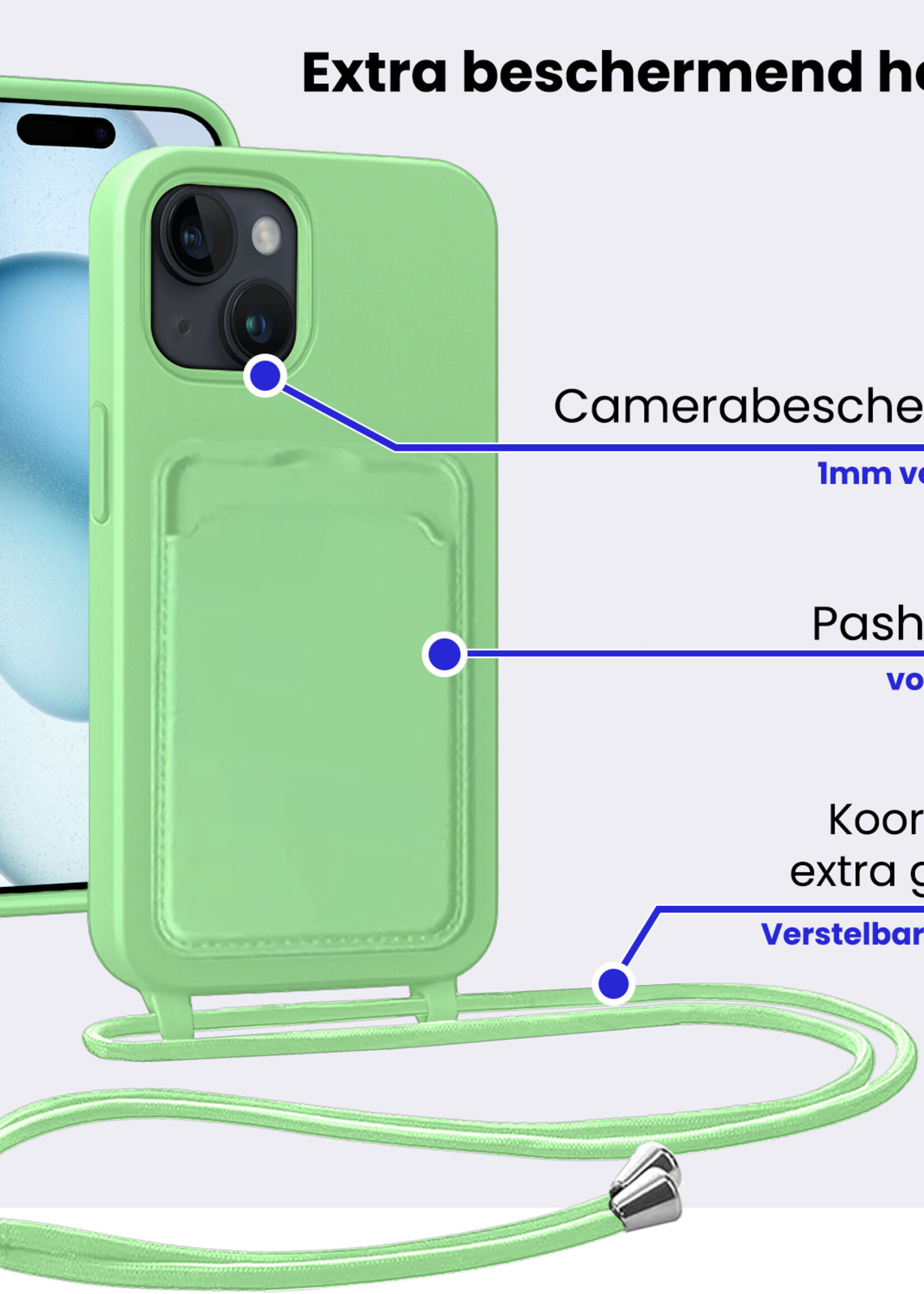 BTH BTH iPhone 15 Plus Hoesje Pashouder met Koord Met 2x Screenprotector - Groen