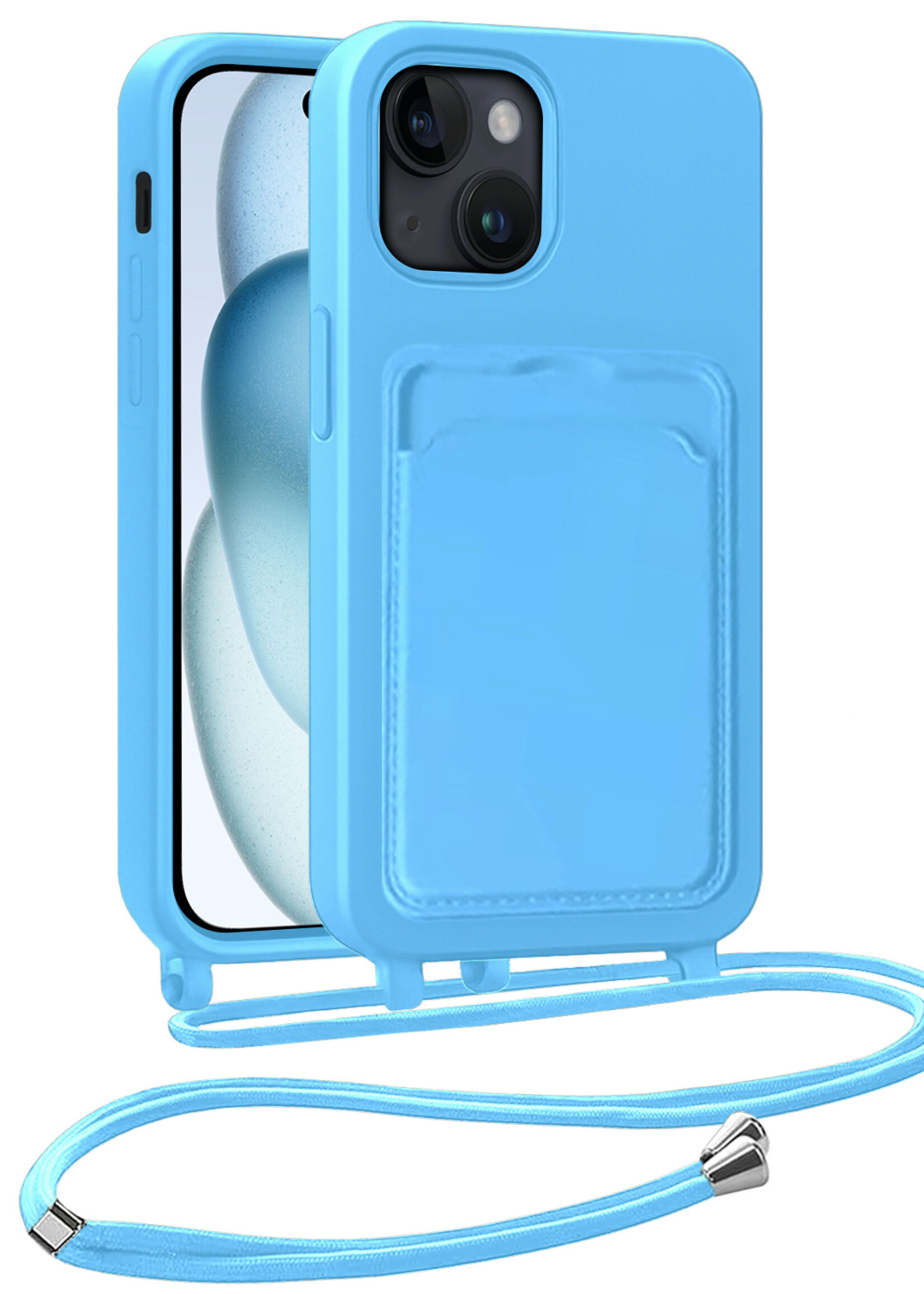 BTH BTH iPhone 15 Plus Hoesje Pashouder met Koord - Lichtblauw
