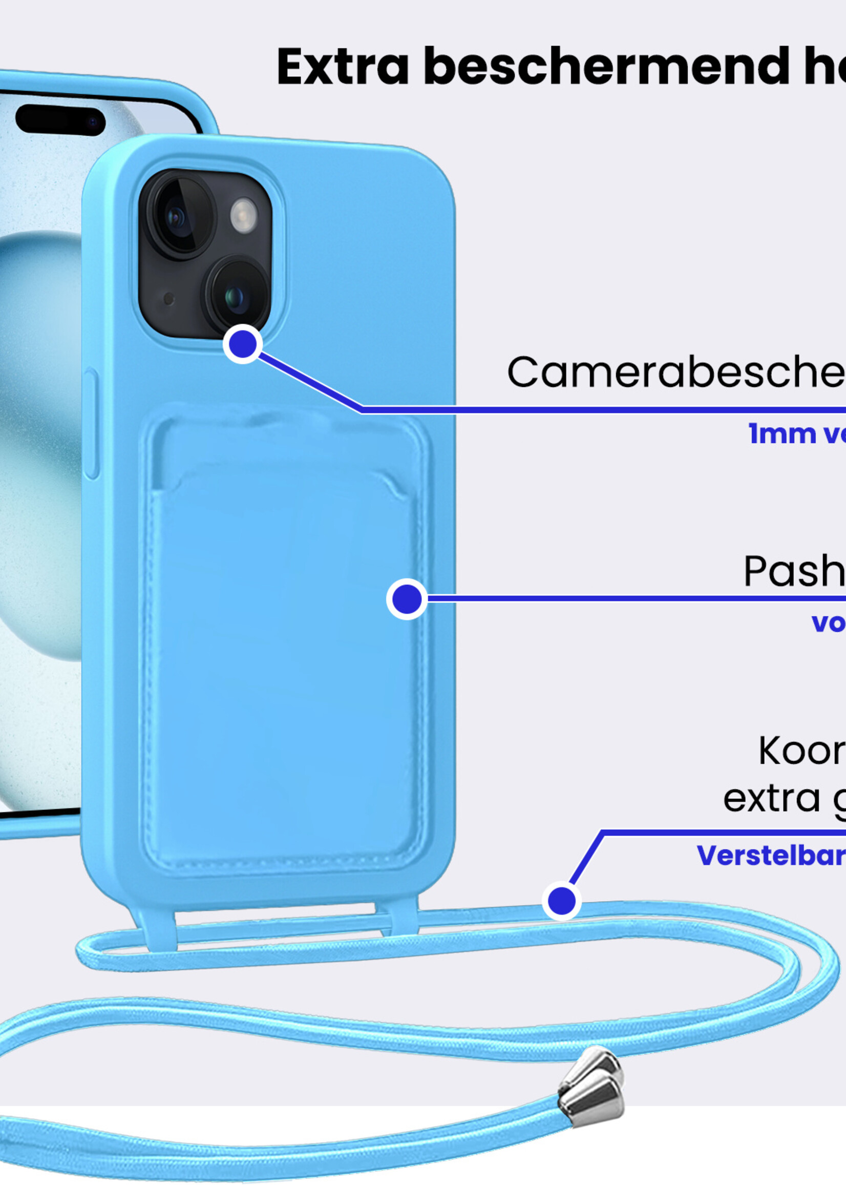 BTH BTH iPhone 15 Plus Hoesje Pashouder met Koord - Lichtblauw