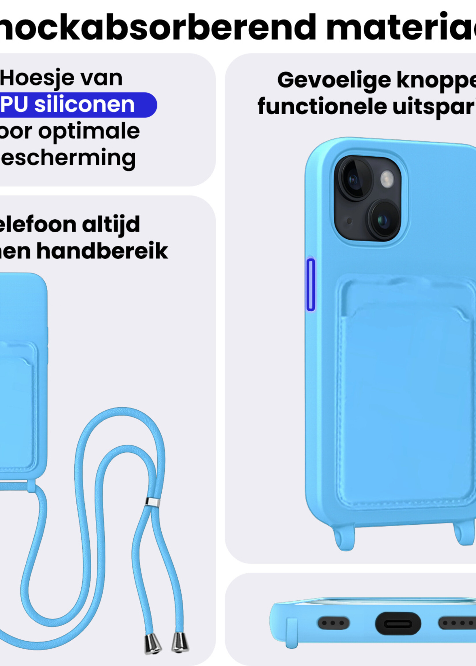 BTH BTH iPhone 15 Plus Hoesje Pashouder met Koord - Lichtblauw