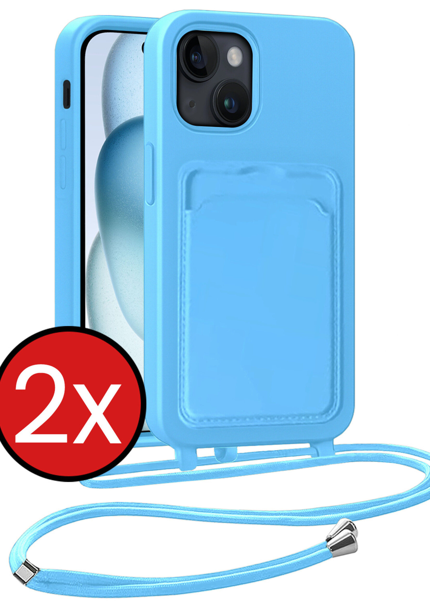 BTH BTH iPhone 15 Plus Hoesje Pashouder met Koord - Lichtblauw - 2 PACK