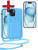BTH BTH iPhone 15 Plus Hoesje Pashouder met Koord Met Screenprotector - Lichtblauw