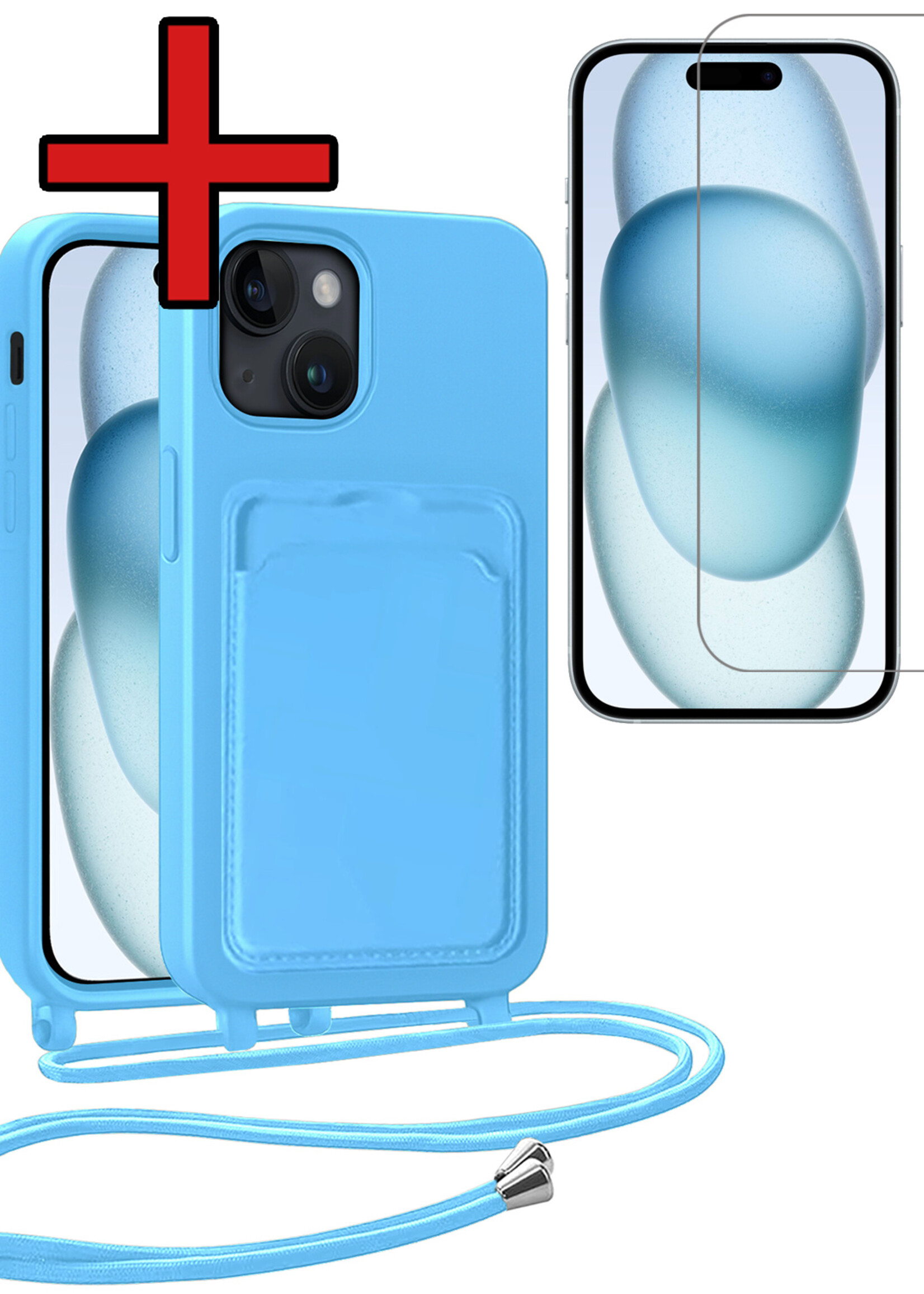BTH BTH iPhone 15 Plus Hoesje Pashouder met Koord Met Screenprotector - Lichtblauw