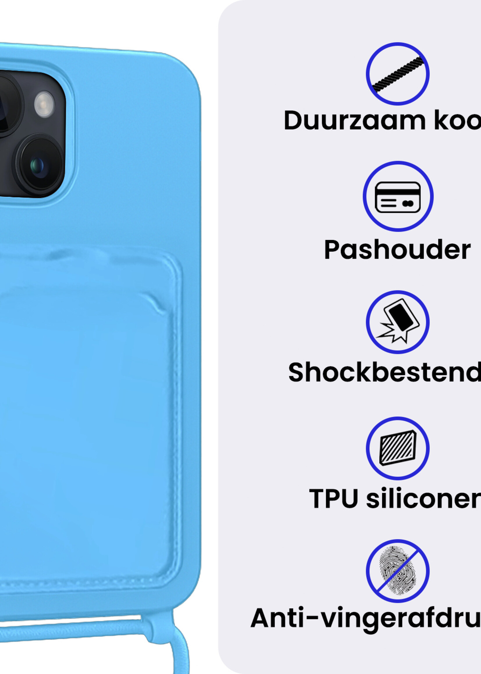 BTH BTH iPhone 15 Plus Hoesje Pashouder met Koord Met Screenprotector - Lichtblauw