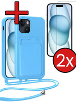 BTH BTH iPhone 15 Plus Hoesje Pashouder met Koord Met 2x Screenprotector - Lichtblauw
