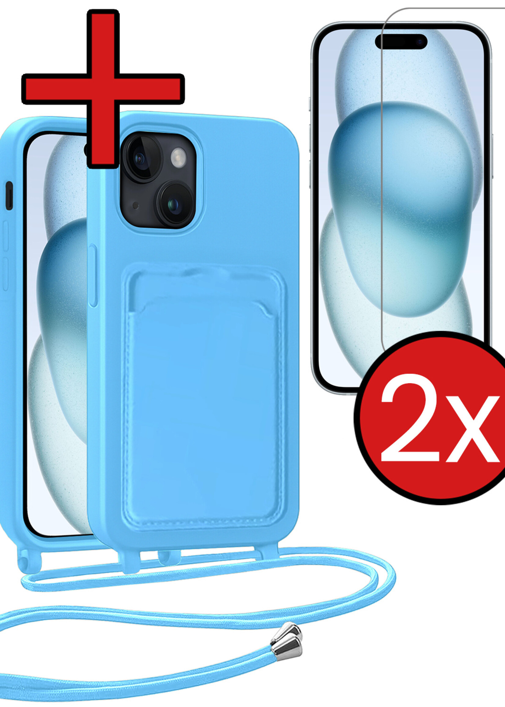 BTH BTH iPhone 15 Plus Hoesje Pashouder met Koord Met 2x Screenprotector - Lichtblauw