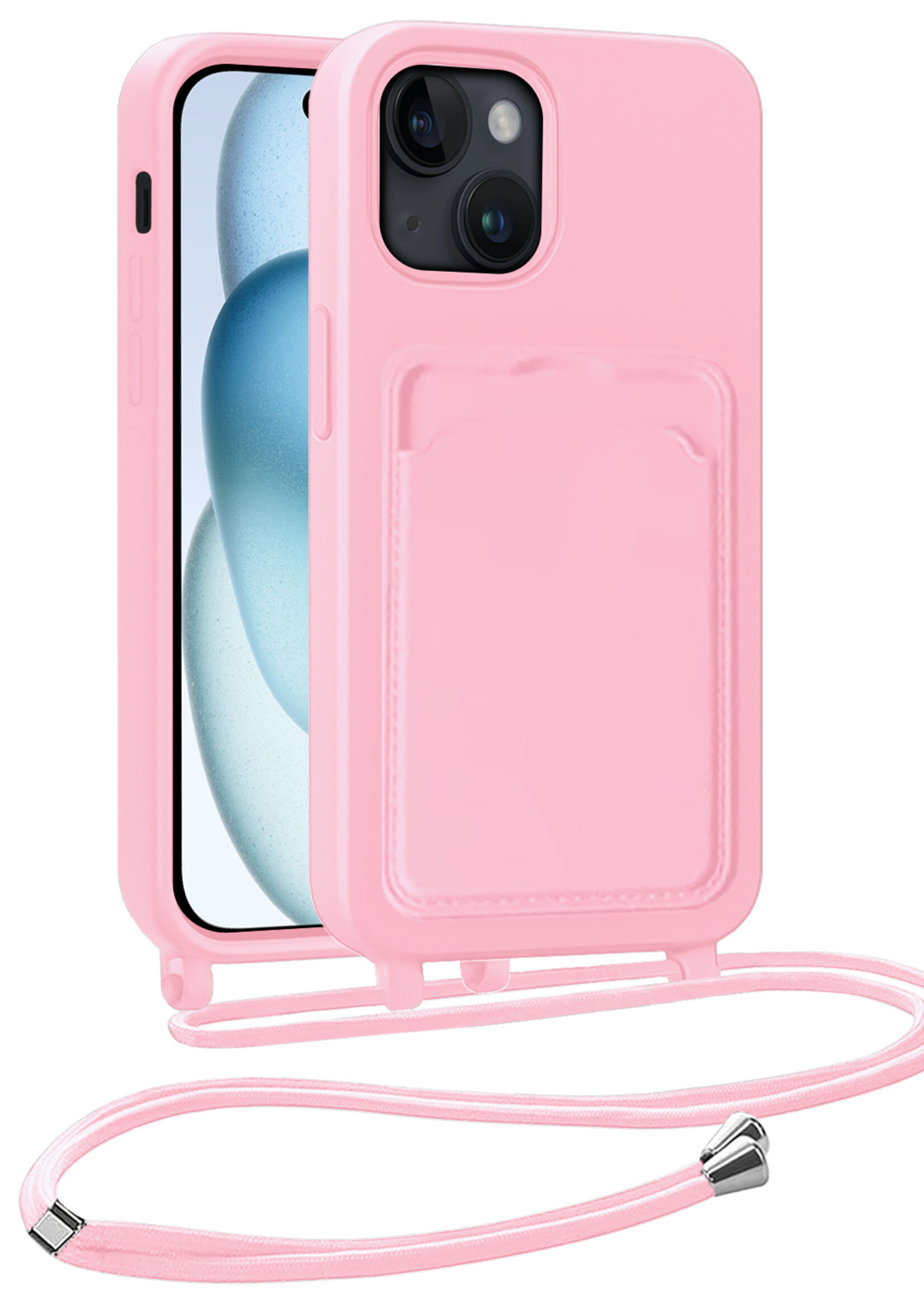 BTH BTH iPhone 15 Plus Hoesje Pashouder met Koord - Lichtroze