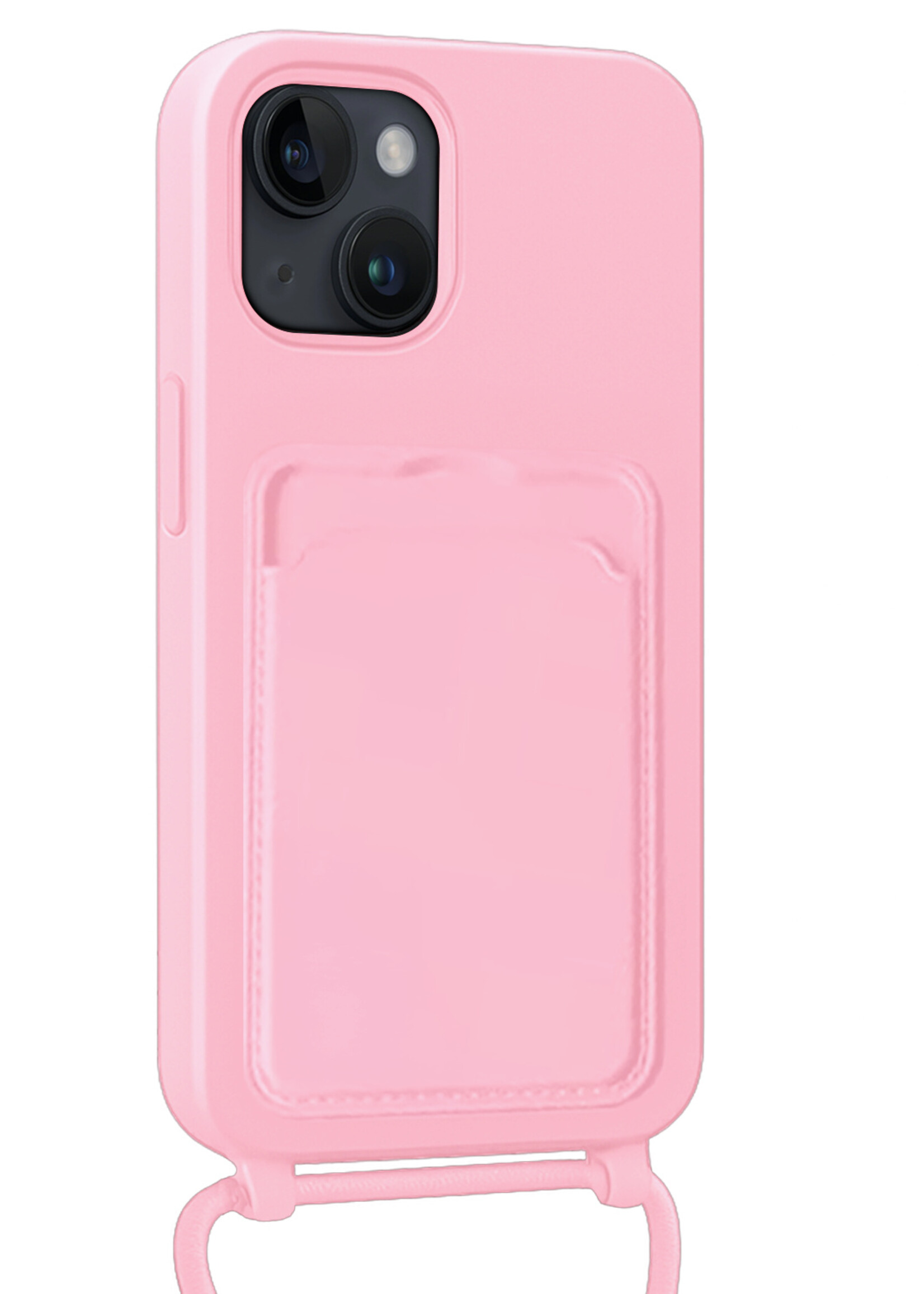 BTH BTH iPhone 15 Plus Hoesje Pashouder met Koord - Lichtroze