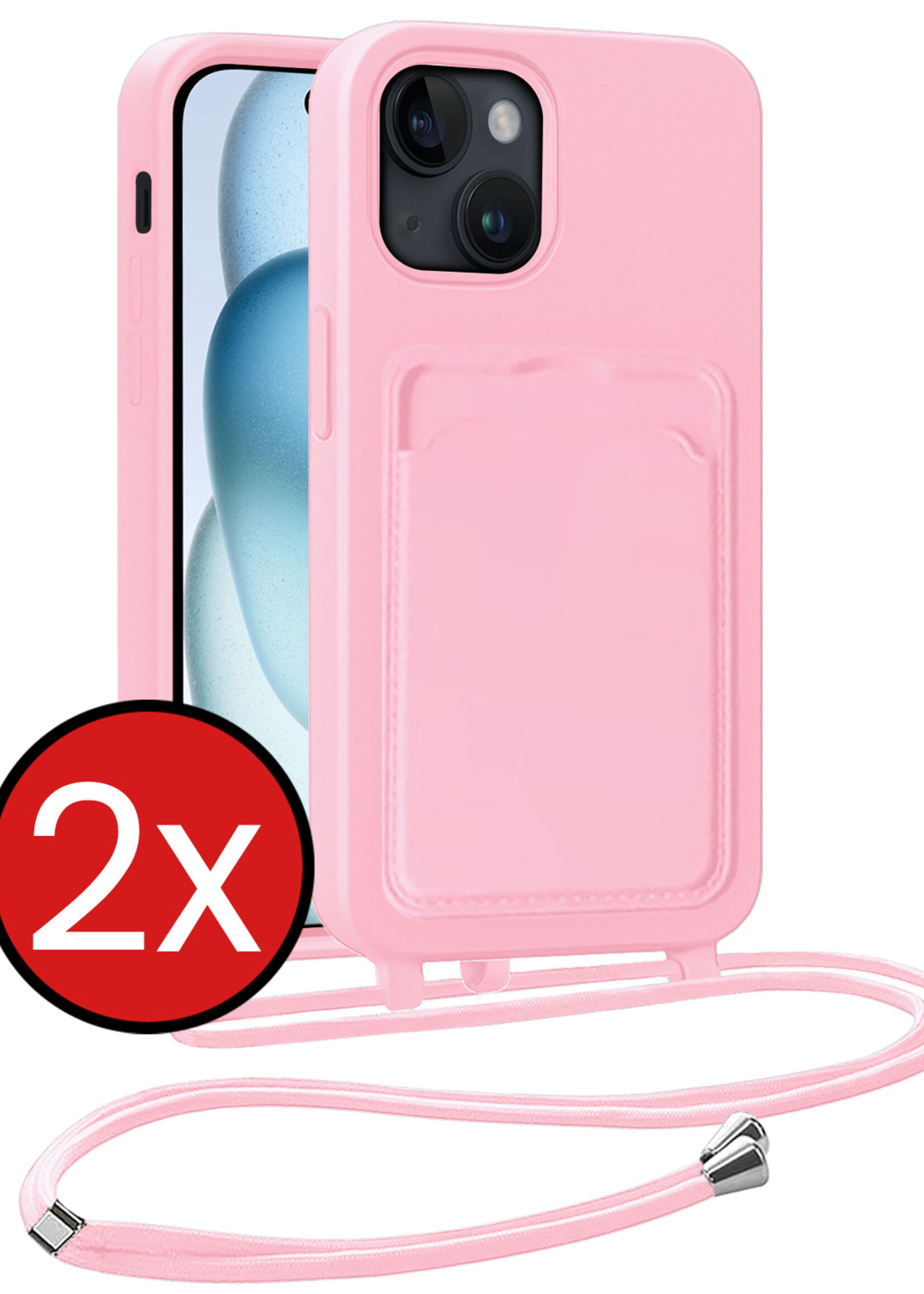 BTH BTH iPhone 15 Plus Hoesje Pashouder met Koord - Lichtroze - 2 PACK