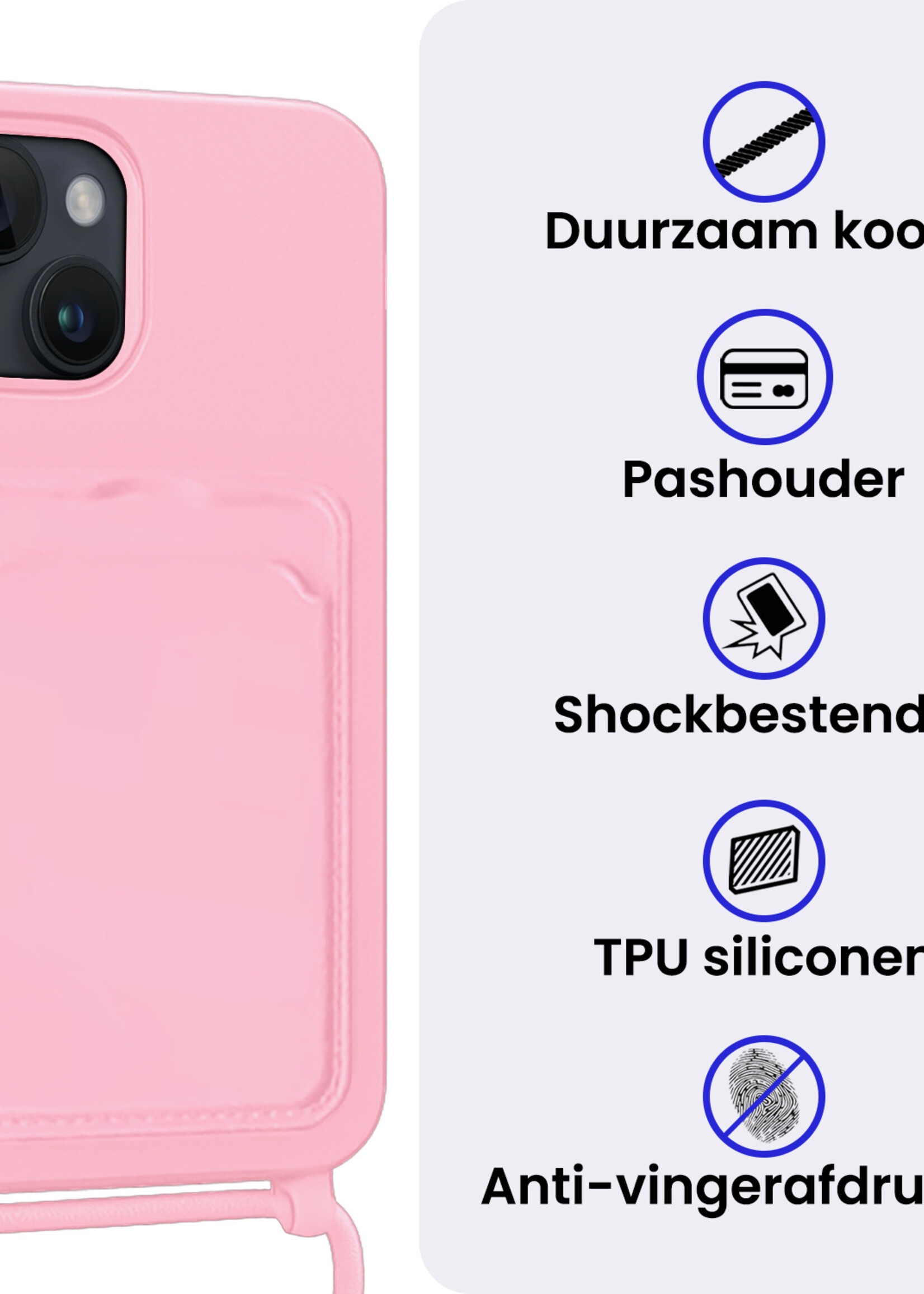 BTH BTH iPhone 15 Plus Hoesje Pashouder met Koord - Lichtroze - 2 PACK