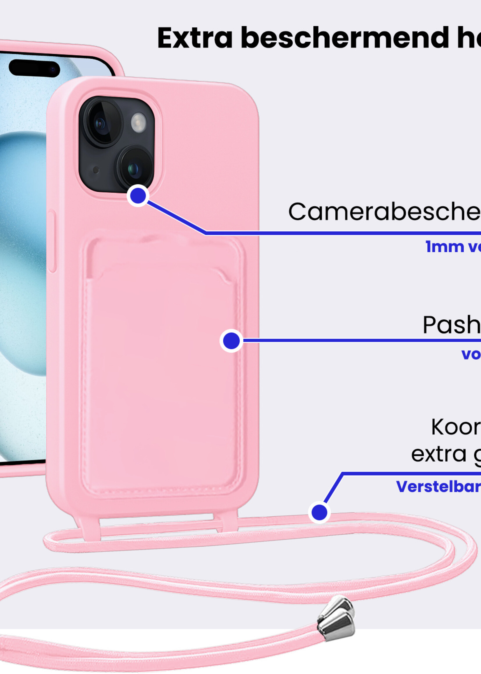 BTH BTH iPhone 15 Plus Hoesje Pashouder met Koord - Lichtroze - 2 PACK