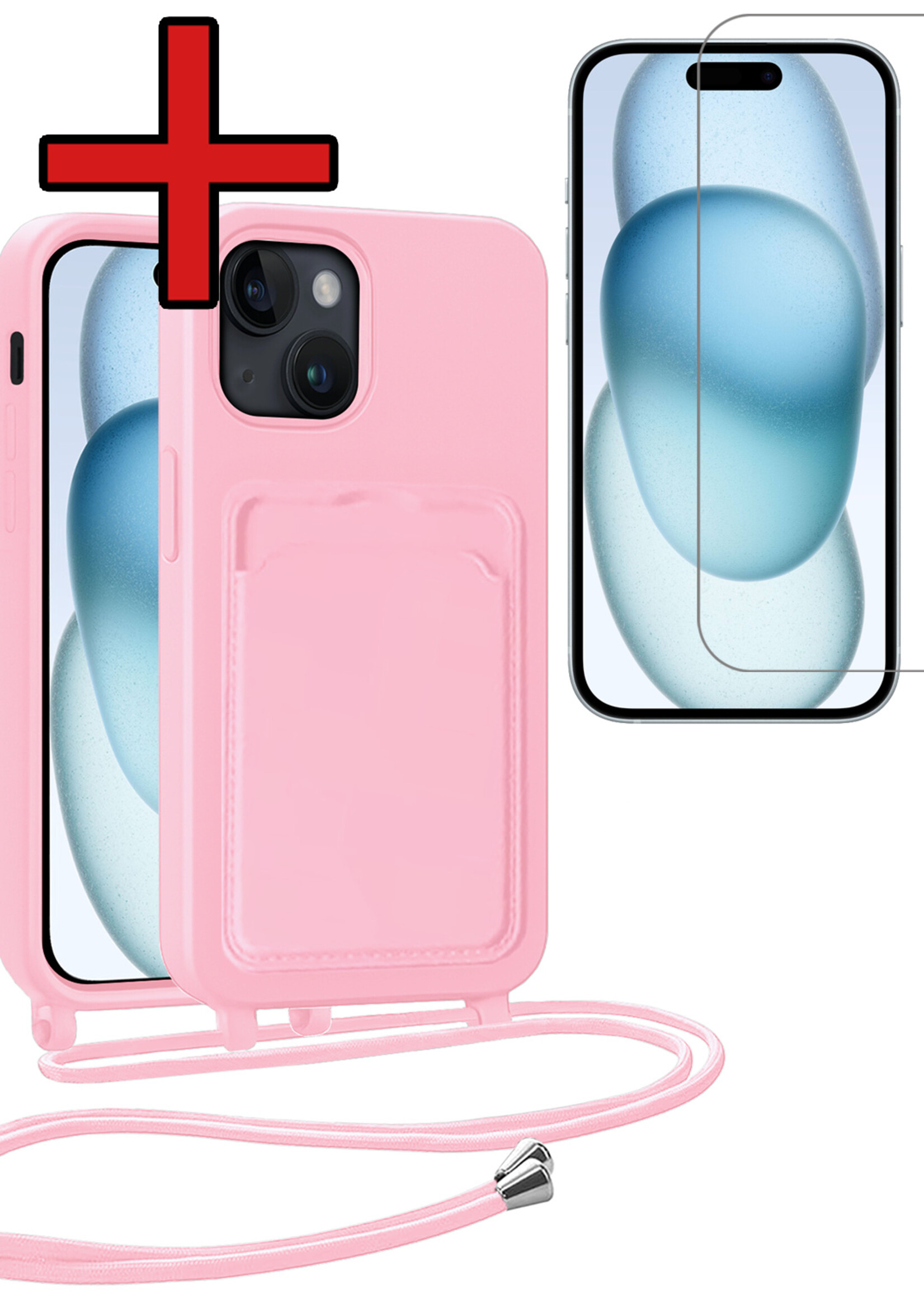 BTH BTH iPhone 15 Plus Hoesje Pashouder met Koord Met Screenprotector - Lichtroze