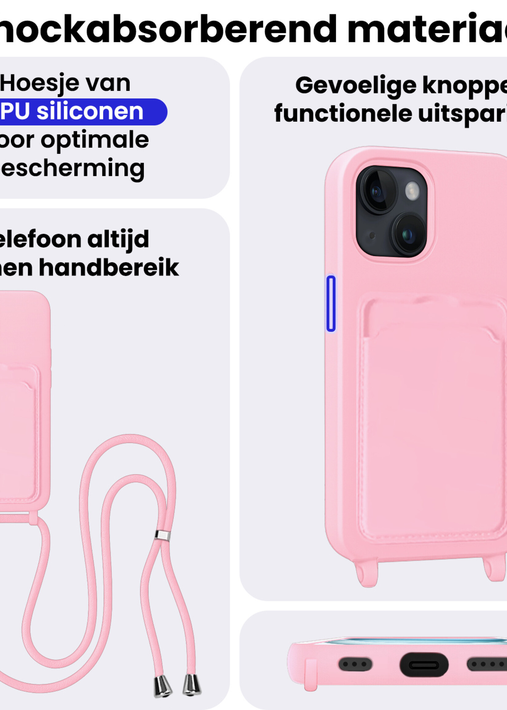 BTH BTH iPhone 15 Plus Hoesje Pashouder met Koord Met Screenprotector - Lichtroze