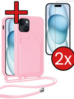 BTH BTH iPhone 15 Plus Hoesje Pashouder met Koord Met 2x Screenprotector - Lichtroze