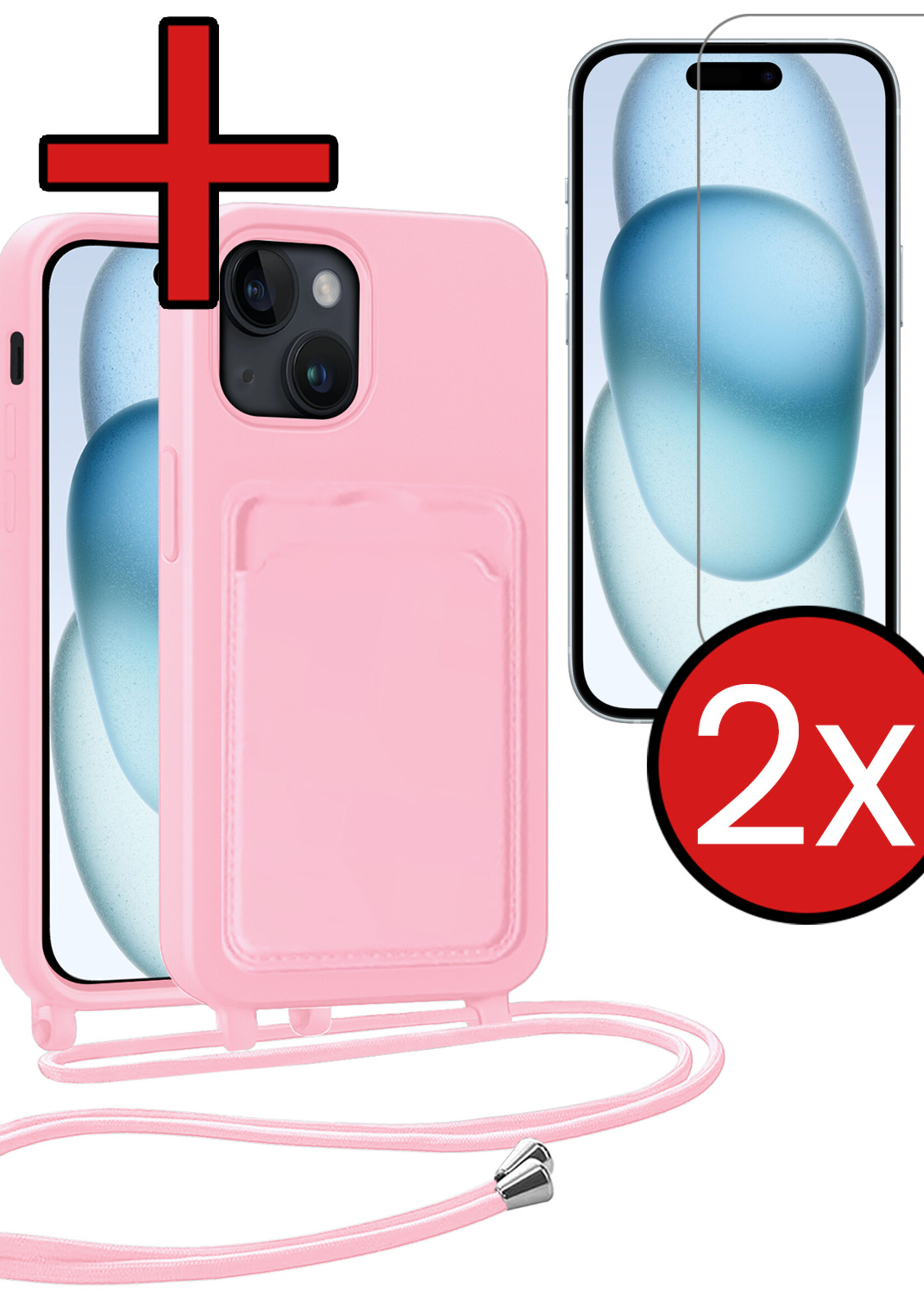 BTH BTH iPhone 15 Plus Hoesje Pashouder met Koord Met 2x Screenprotector - Lichtroze
