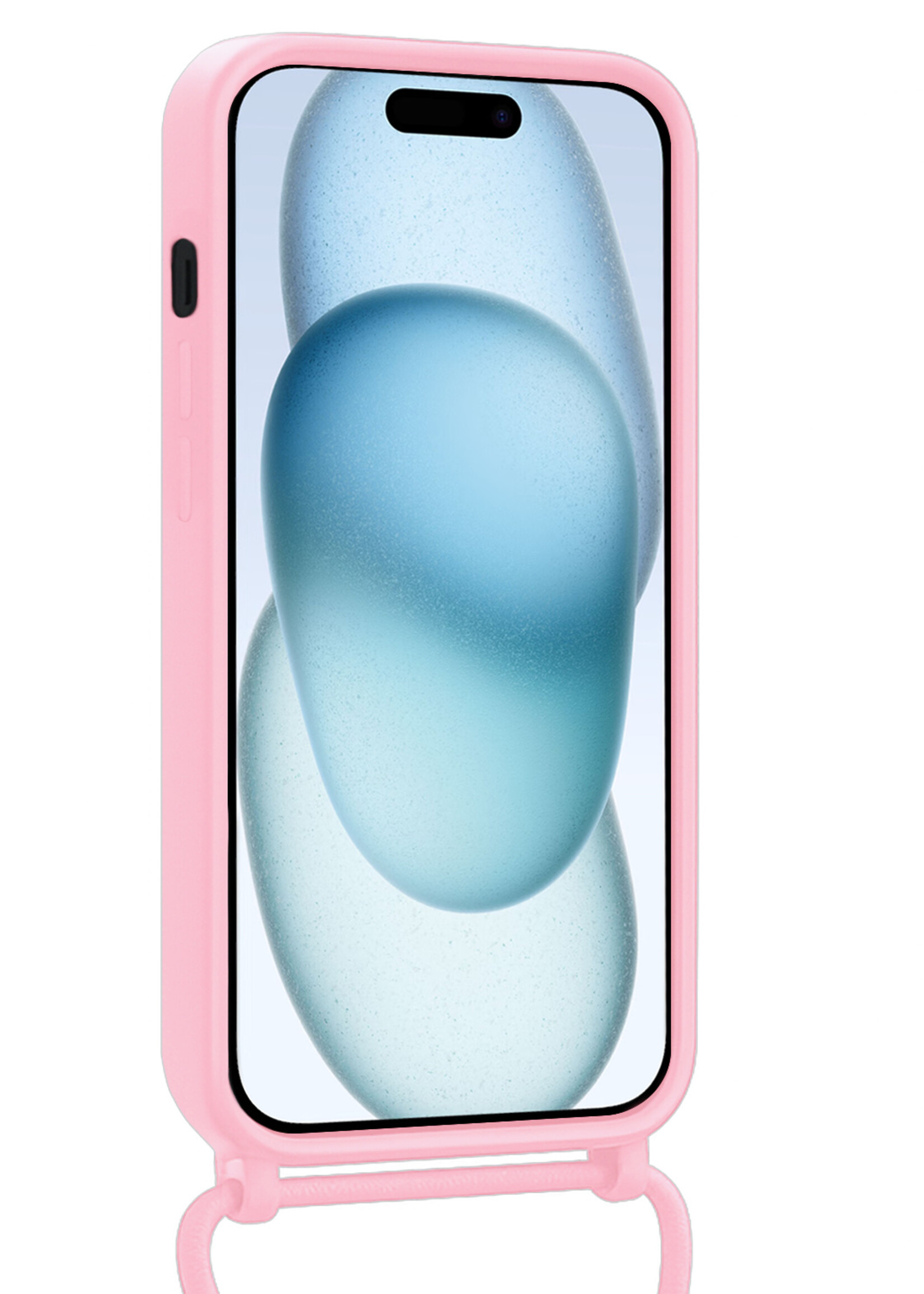 BTH BTH iPhone 15 Plus Hoesje Pashouder met Koord Met 2x Screenprotector - Lichtroze