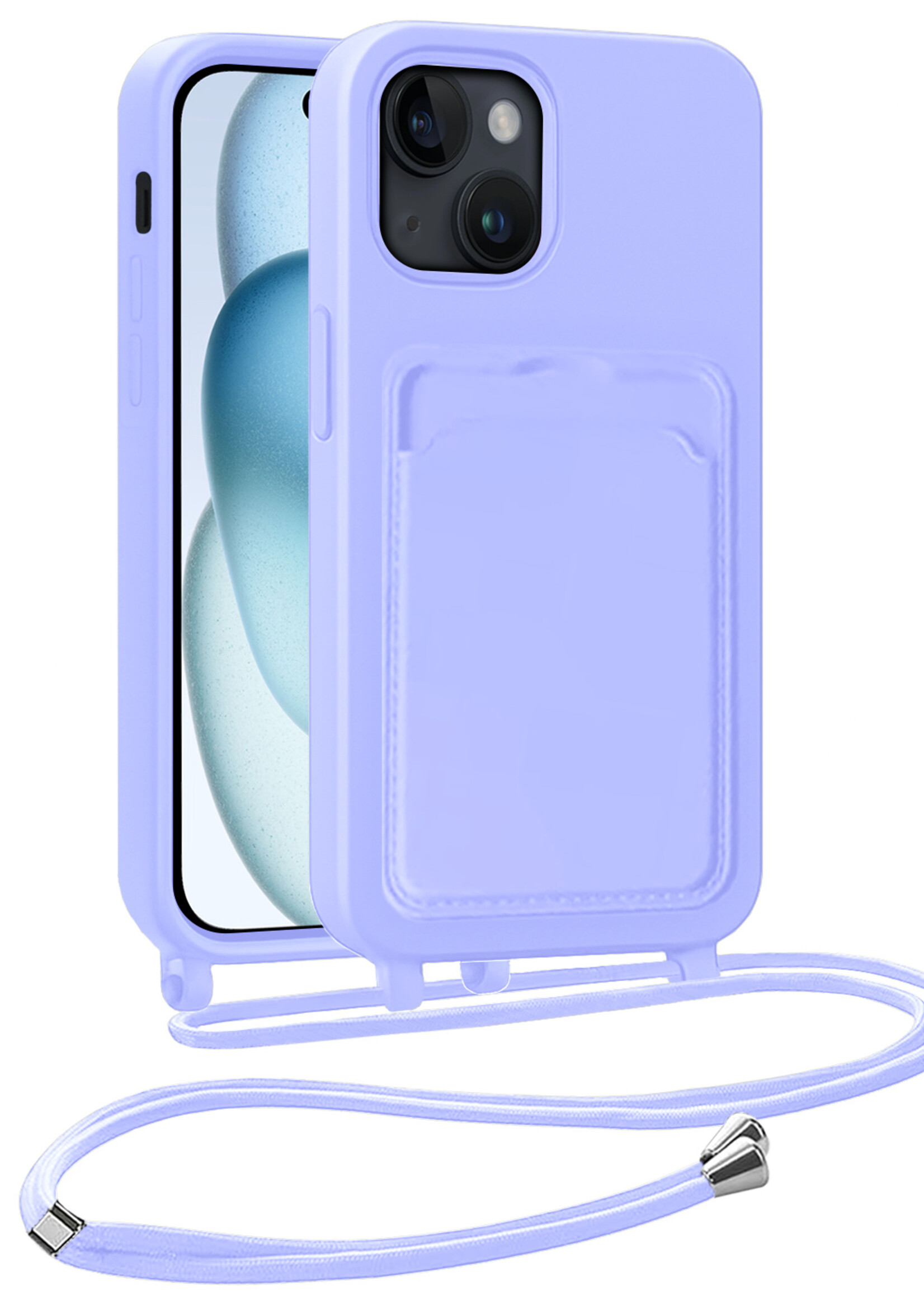 BTH BTH iPhone 15 Plus Hoesje Pashouder met Koord - Lila