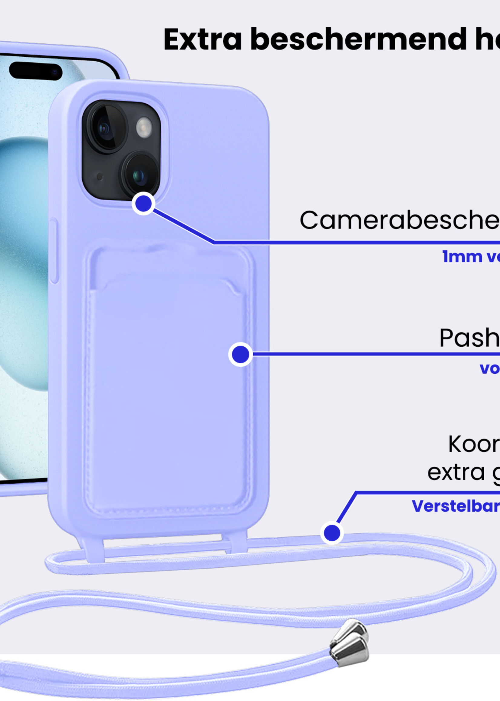 BTH BTH iPhone 15 Plus Hoesje Pashouder met Koord - Lila