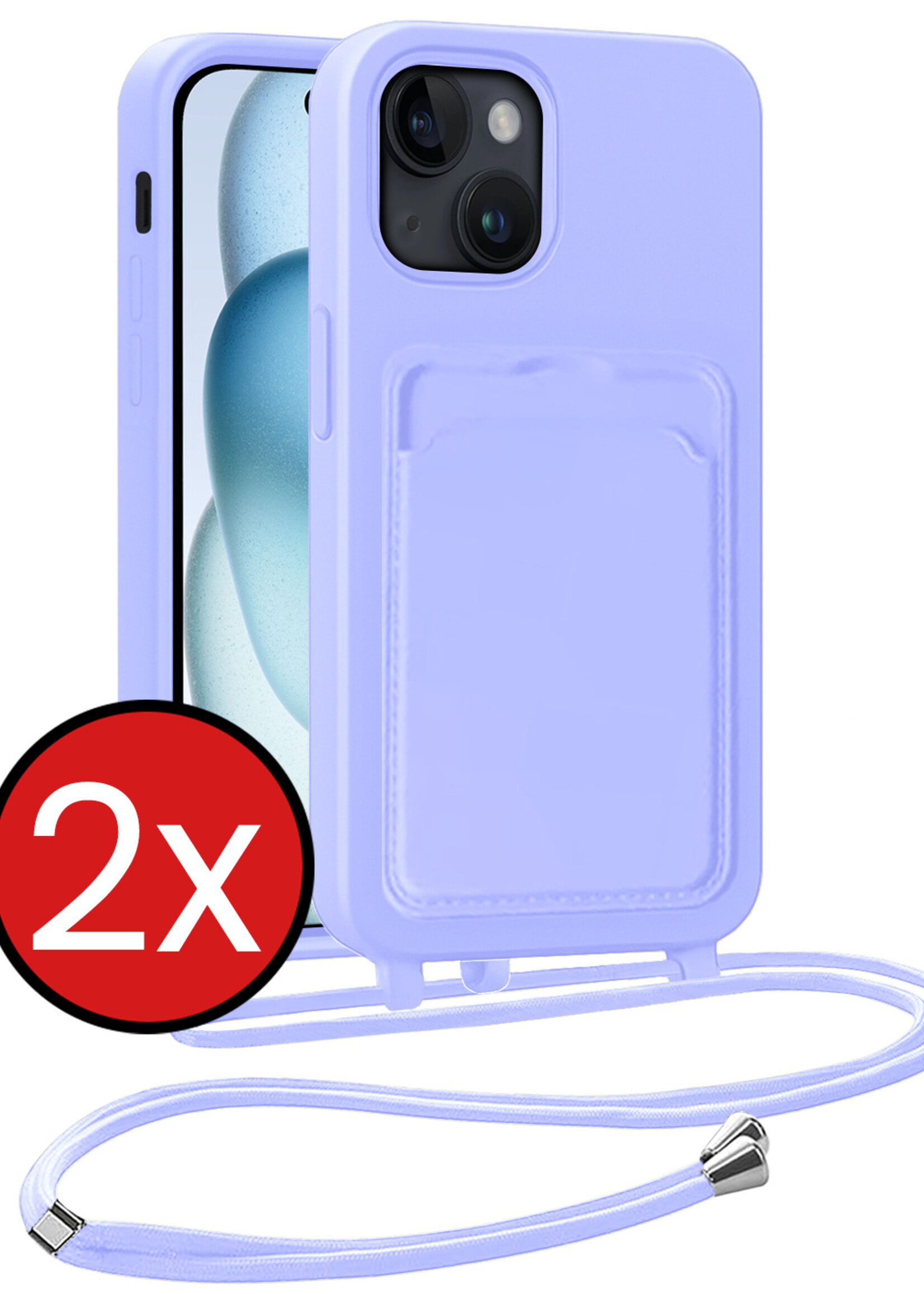 BTH BTH iPhone 15 Plus Hoesje Pashouder met Koord - Lila - 2 PACK