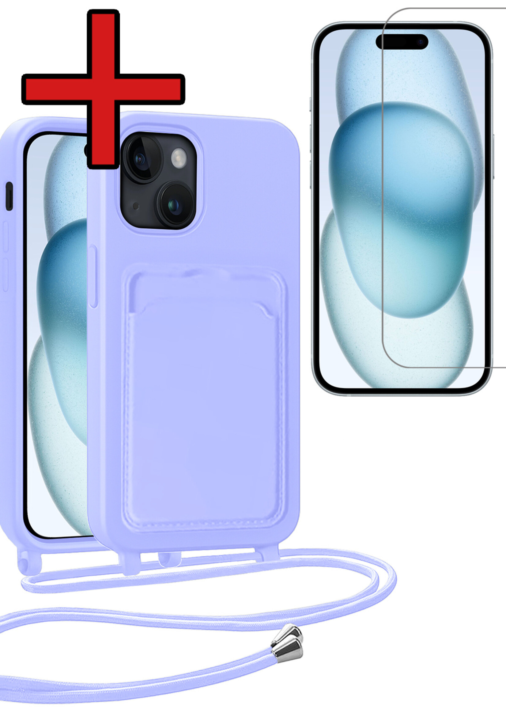 BTH BTH iPhone 15 Plus Hoesje Pashouder met Koord Met Screenprotector - Lila
