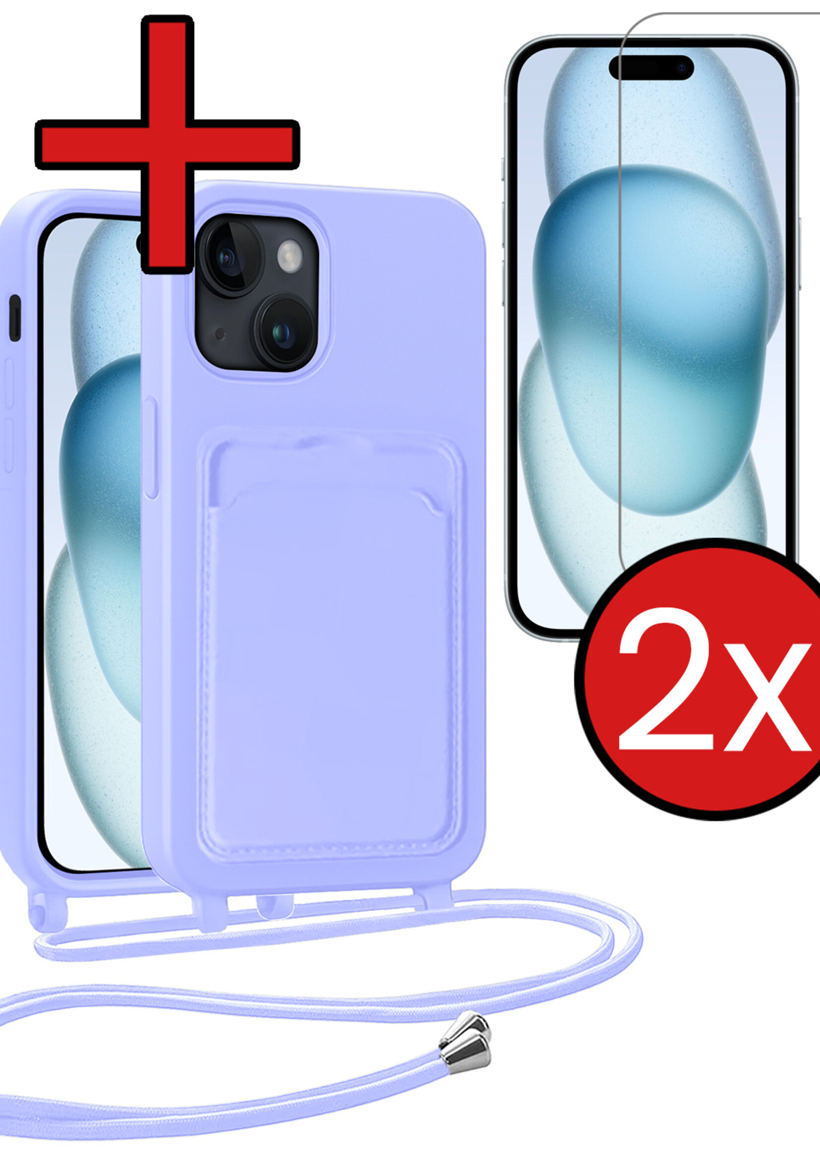 BTH BTH iPhone 15 Plus Hoesje Pashouder met Koord Met 2x Screenprotector - Lila