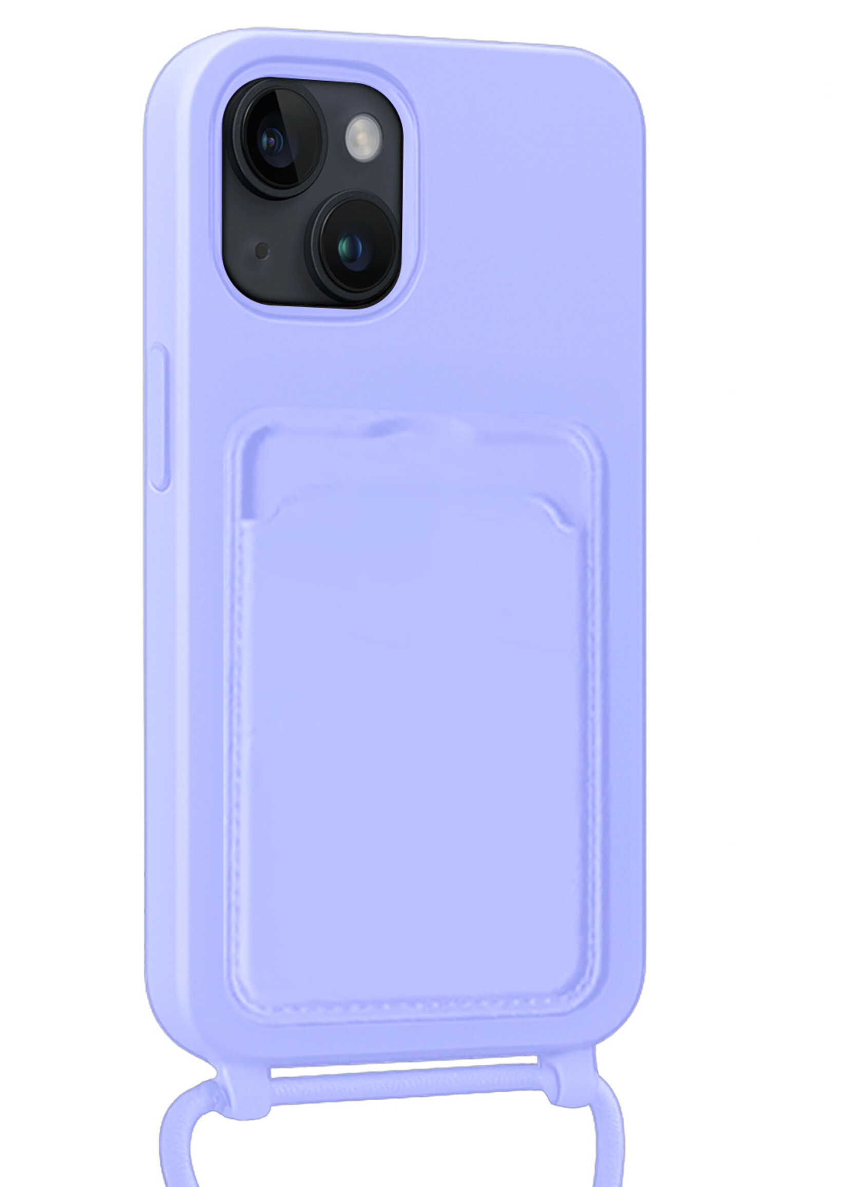 BTH BTH iPhone 15 Plus Hoesje Pashouder met Koord Met 2x Screenprotector - Lila