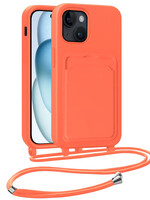 BTH BTH iPhone 15 Plus Hoesje Pashouder met Koord - Papaya