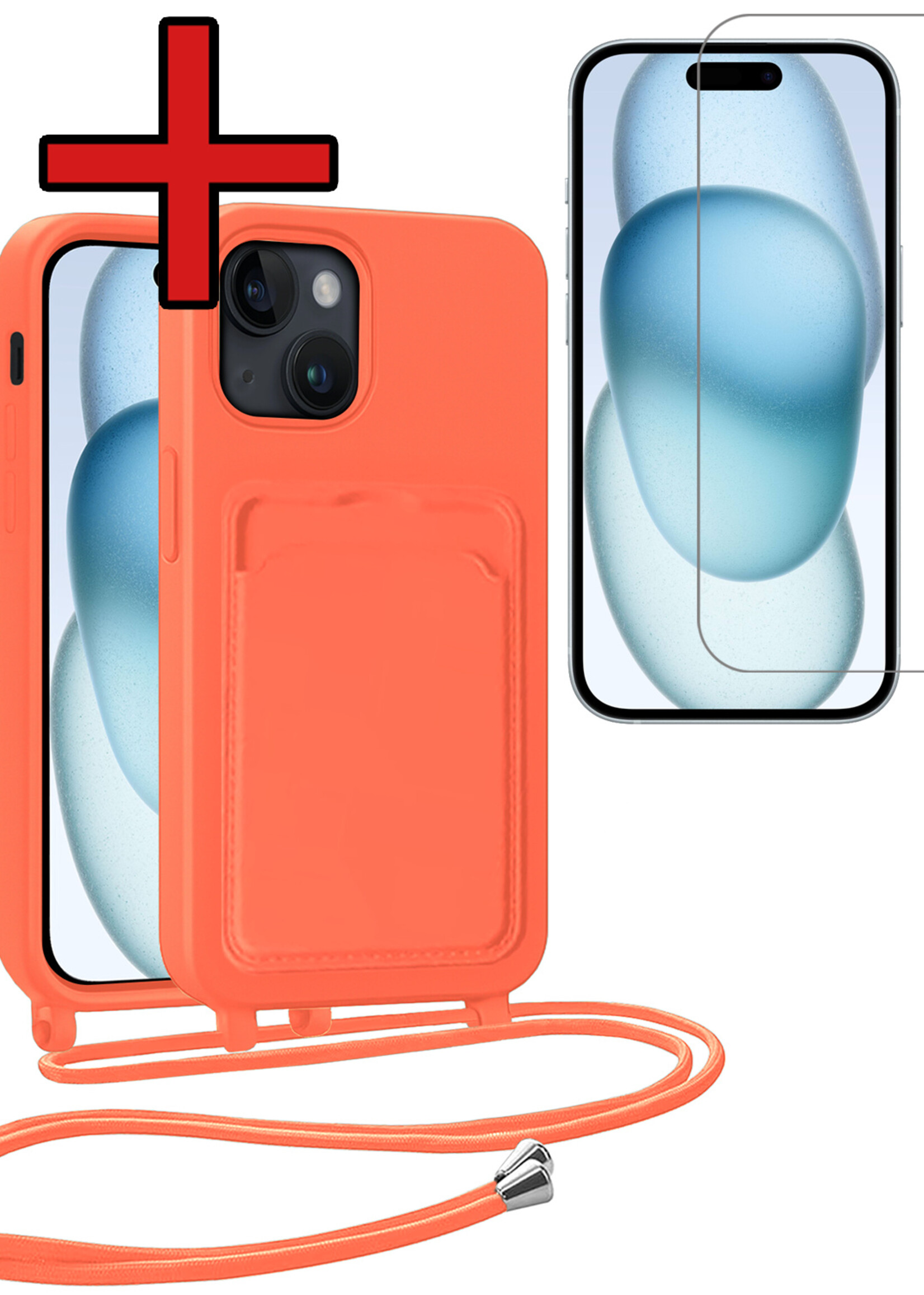 BTH BTH iPhone 15 Plus Hoesje Pashouder met Koord Met Screenprotector - Papaya
