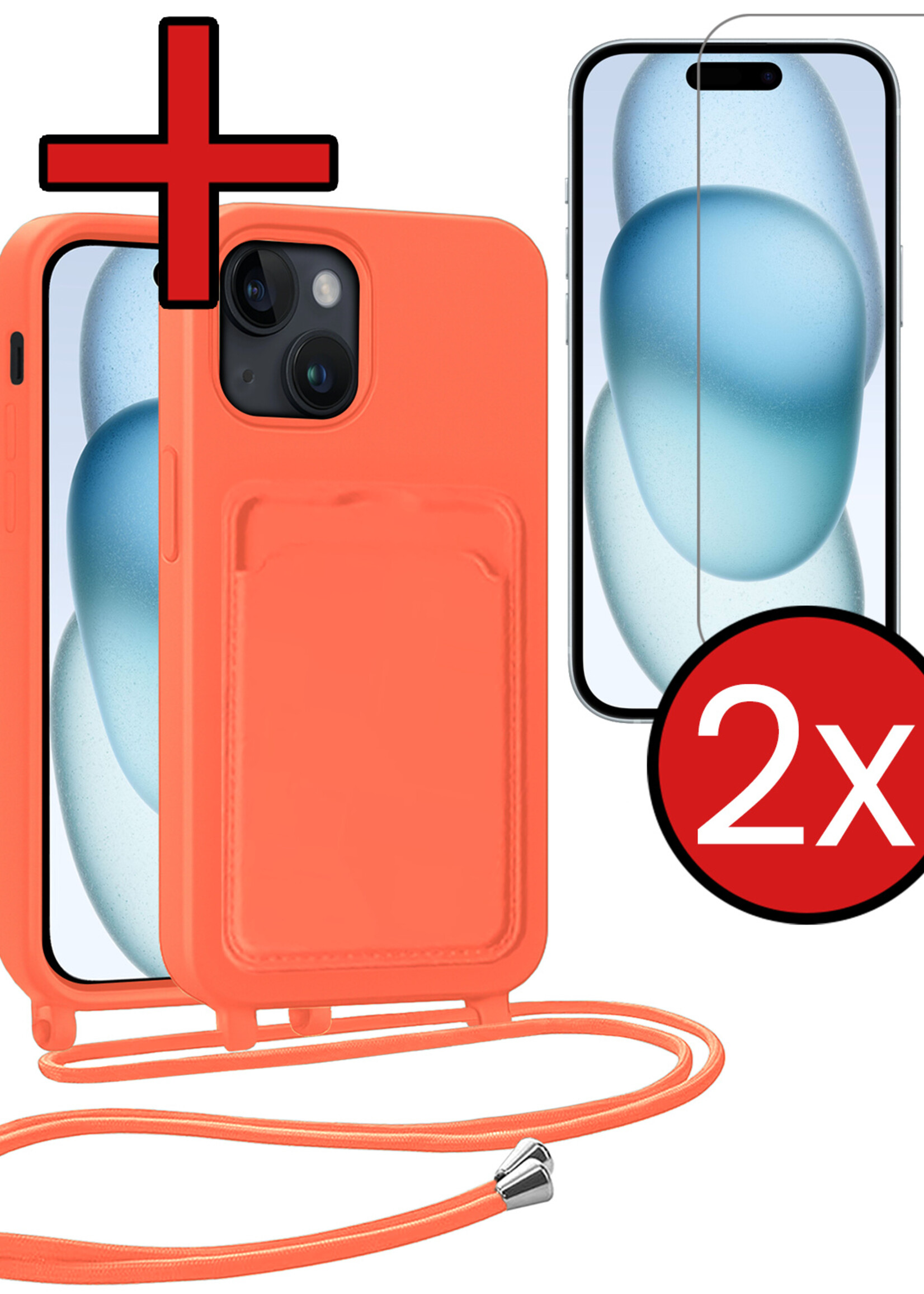 BTH BTH iPhone 15 Plus Hoesje Pashouder met Koord Met 2x Screenprotector - Papaya