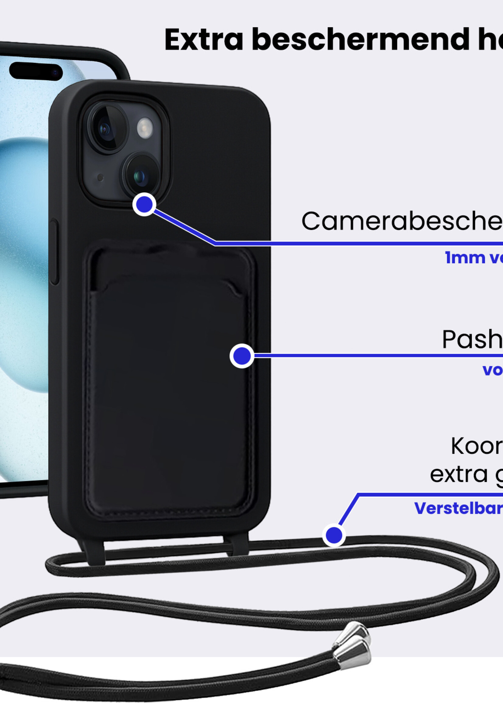 BTH BTH iPhone 15 Plus Hoesje Pashouder met Koord - Zwart
