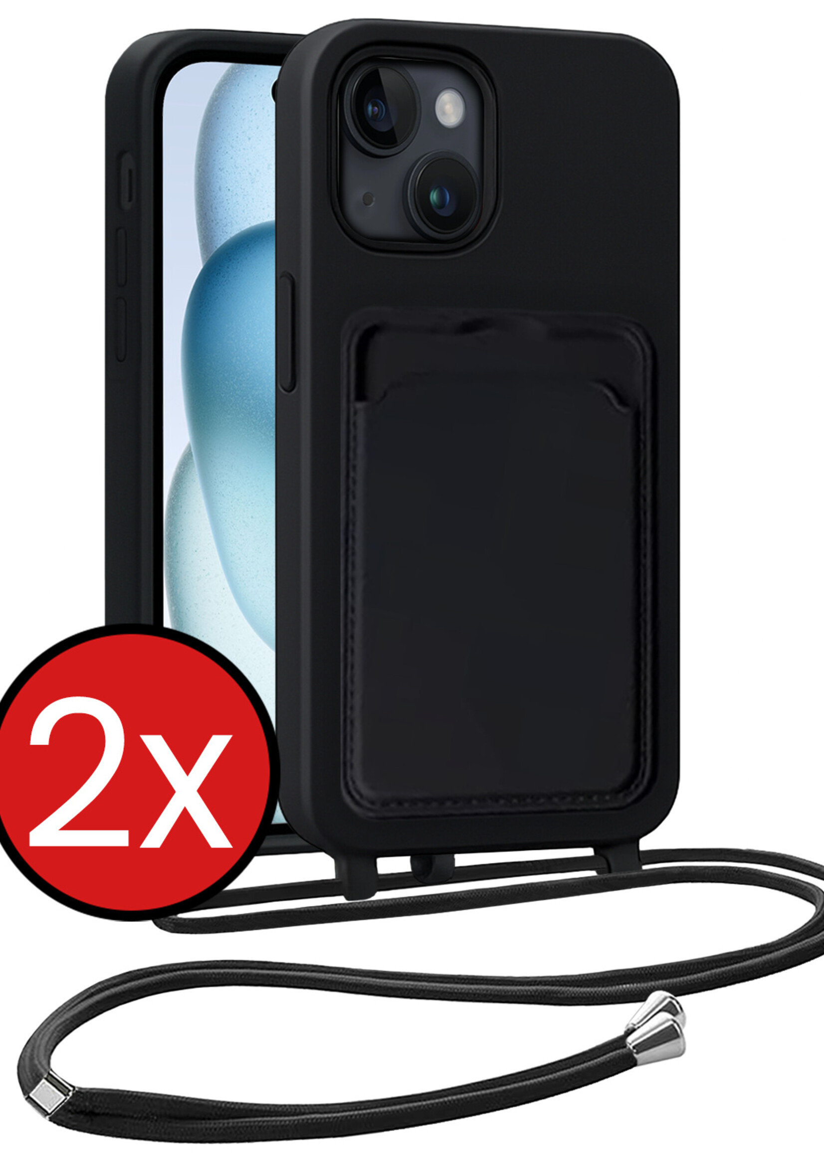 BTH BTH iPhone 15 Plus Hoesje Pashouder met Koord - Zwart - 2 PACK