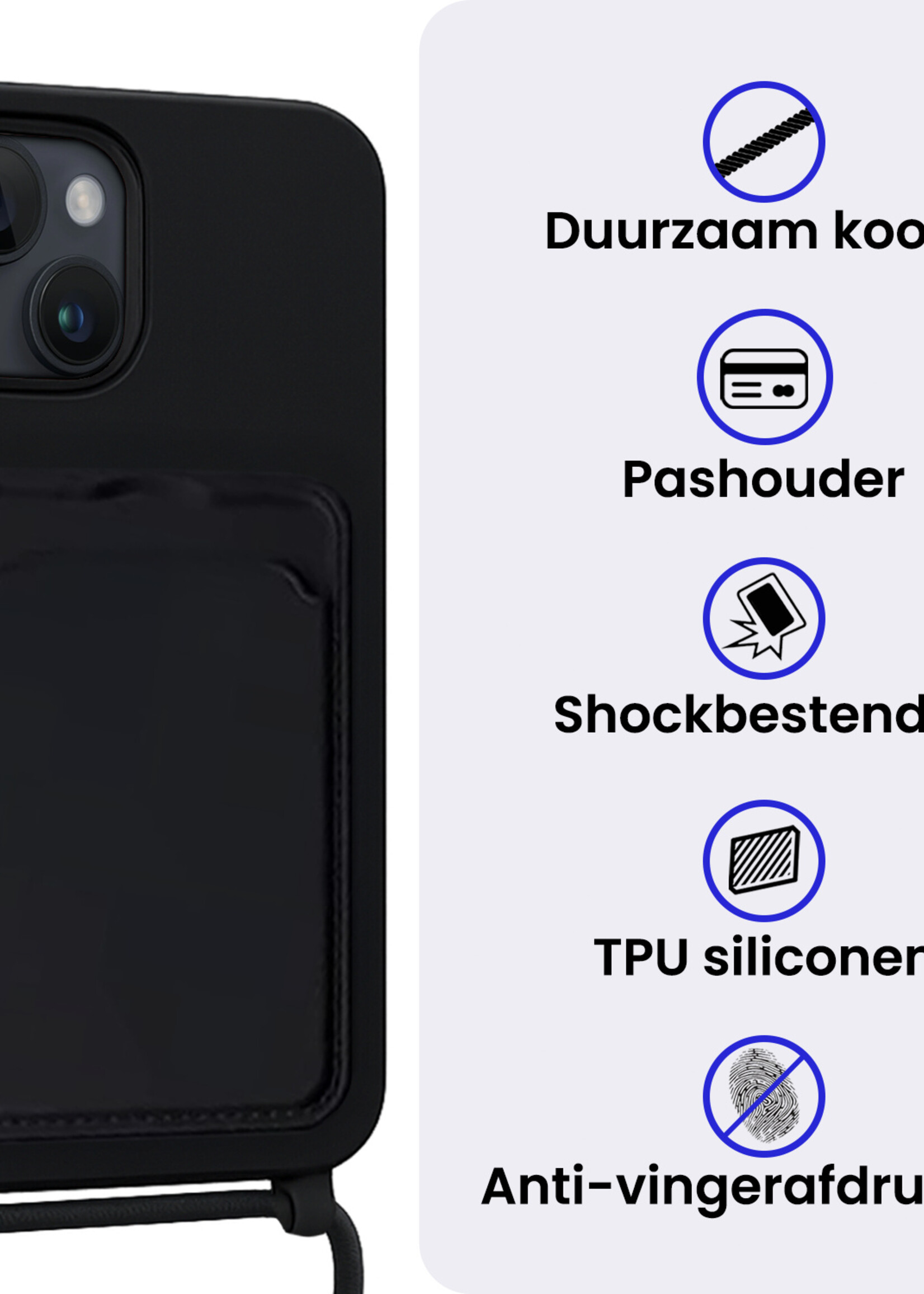 BTH BTH iPhone 15 Plus Hoesje Pashouder met Koord - Zwart - 2 PACK