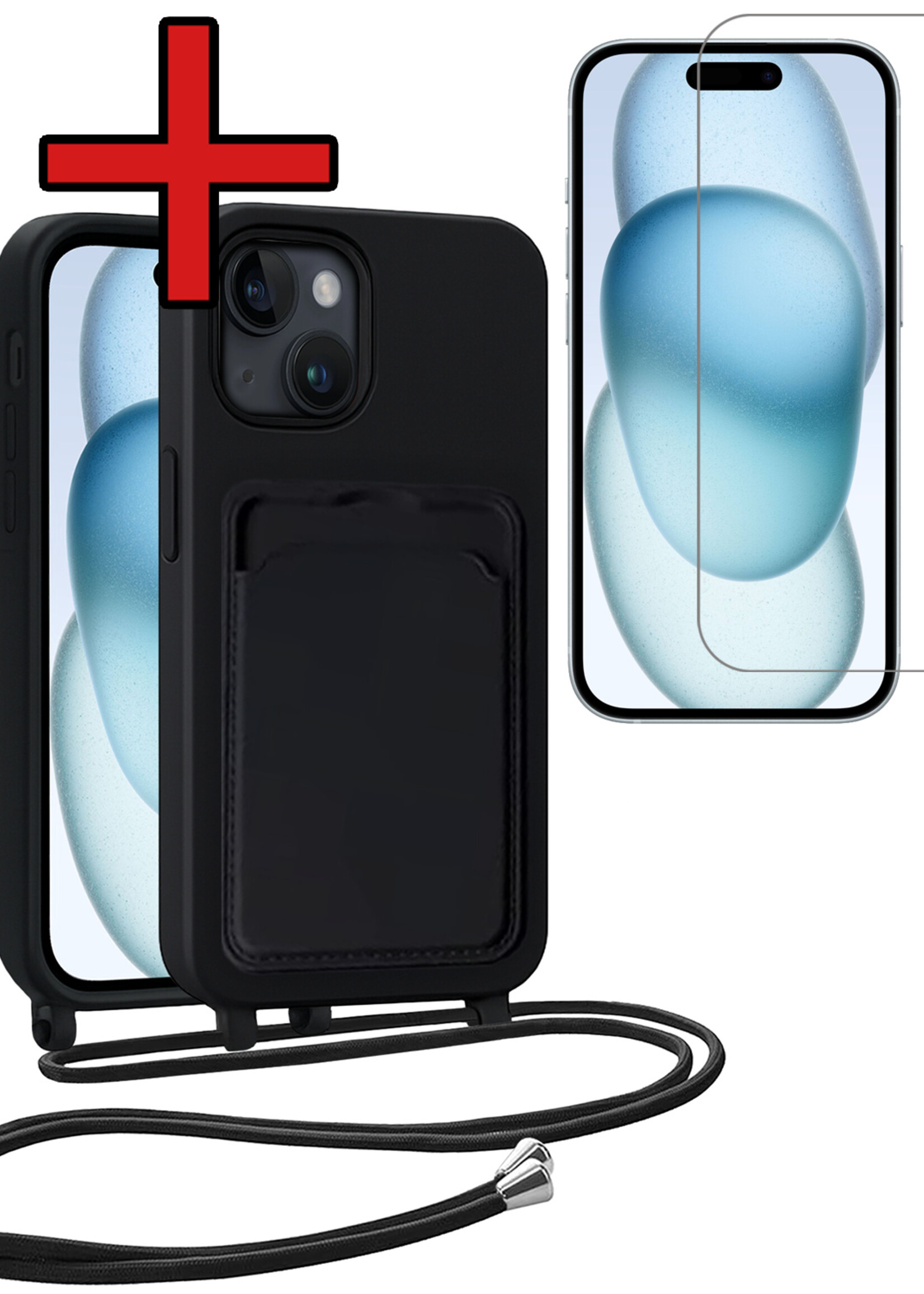 BTH BTH iPhone 15 Plus Hoesje Pashouder met Koord Met Screenprotector - Zwart