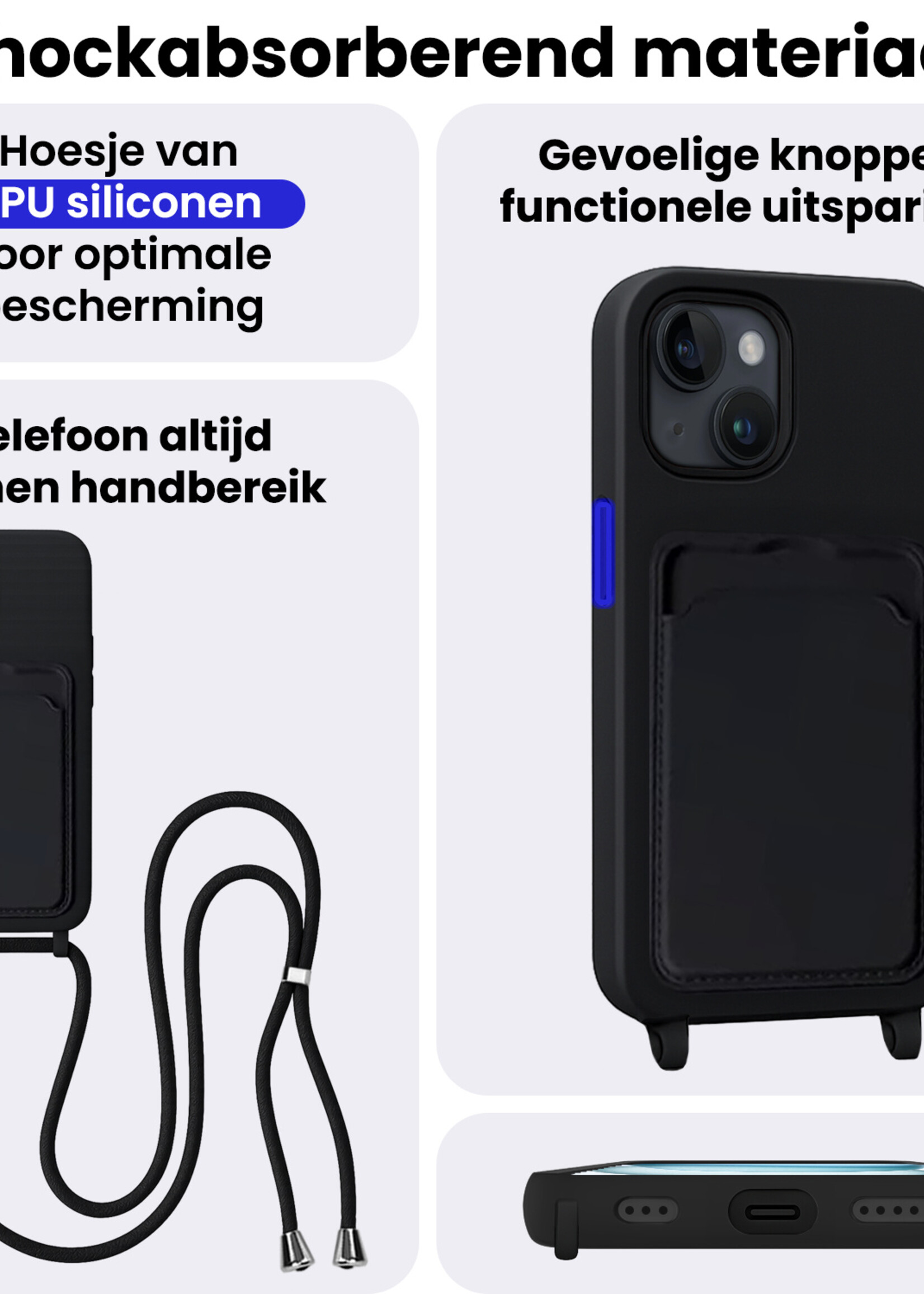 BTH BTH iPhone 15 Plus Hoesje Pashouder met Koord Met Screenprotector - Zwart