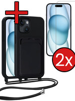 BTH BTH iPhone 15 Plus Hoesje Pashouder met Koord Met 2x Screenprotector - Zwart