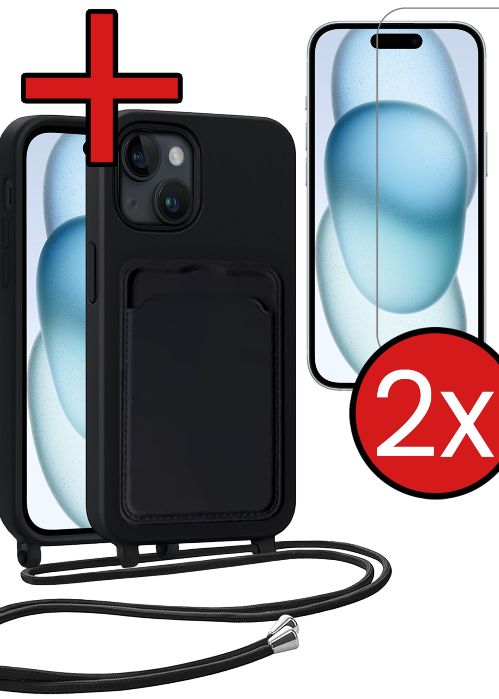 BTH BTH iPhone 15 Plus Hoesje Pashouder met Koord Met 2x Screenprotector - Zwart