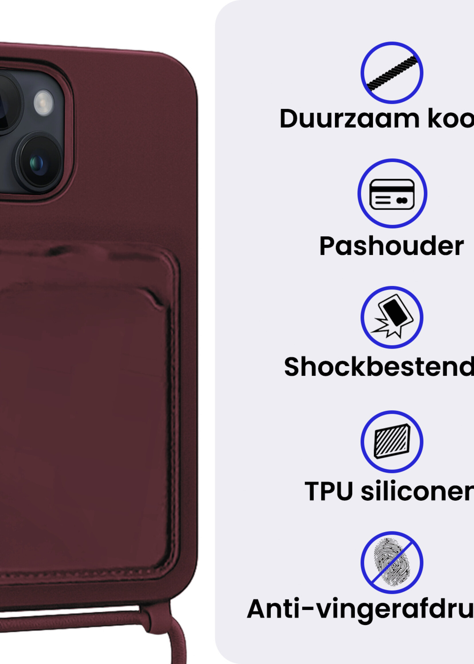 BTH BTH iPhone 15 Hoesje Pashouder met Koord - Aubergine