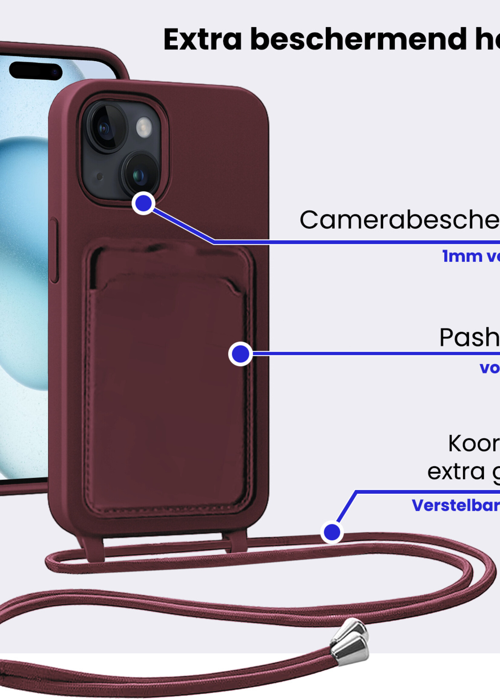 BTH BTH iPhone 15 Hoesje Pashouder met Koord - Aubergine