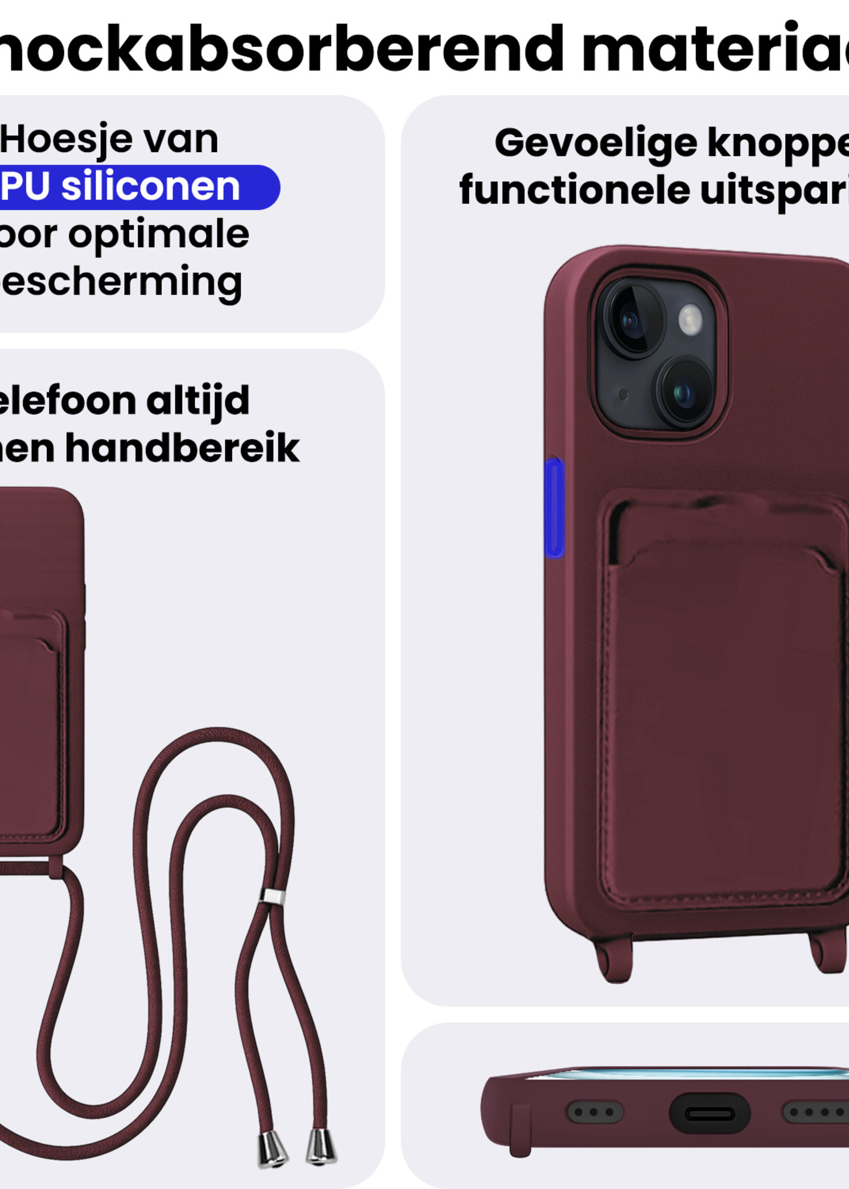 BTH BTH iPhone 15 Hoesje Pashouder met Koord - Aubergine