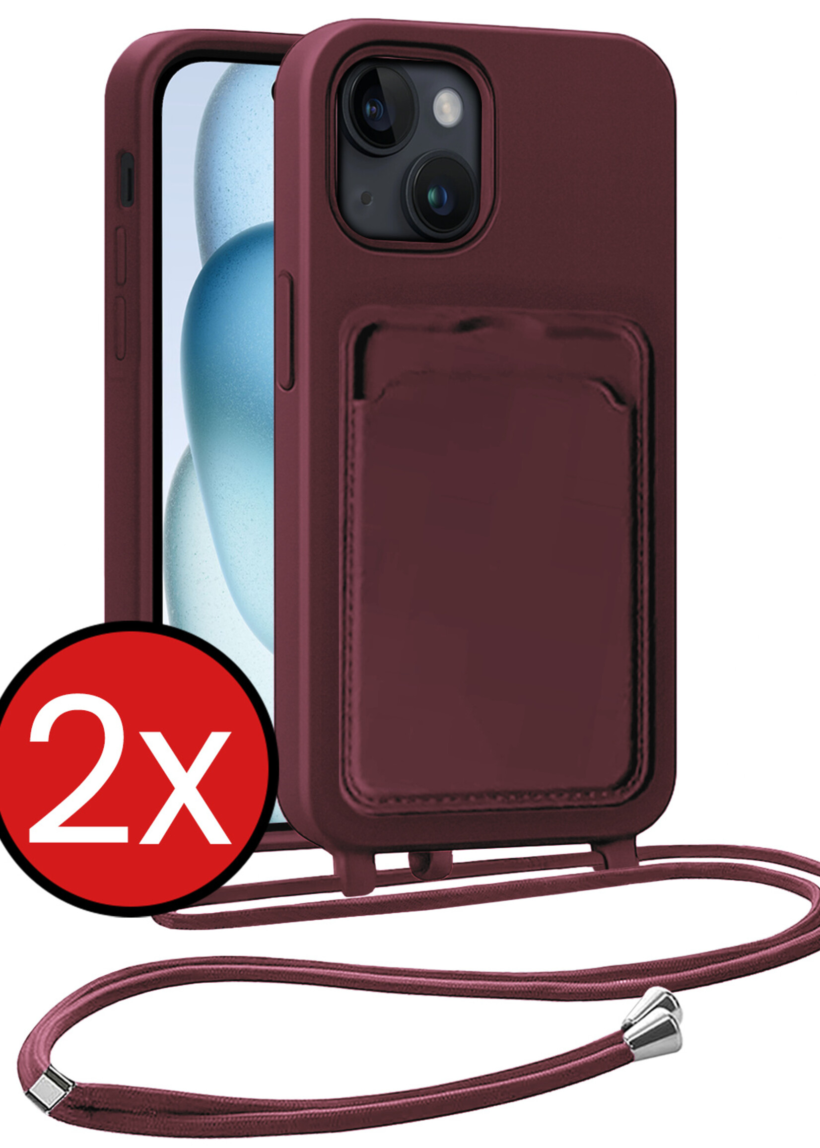 BTH BTH iPhone 15 Hoesje Pashouder met Koord - Aubergine - 2 PACK