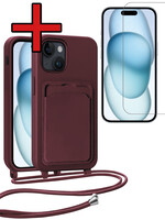 BTH BTH iPhone 15 Hoesje Pashouder met Koord Met Screenprotector - Aubergine