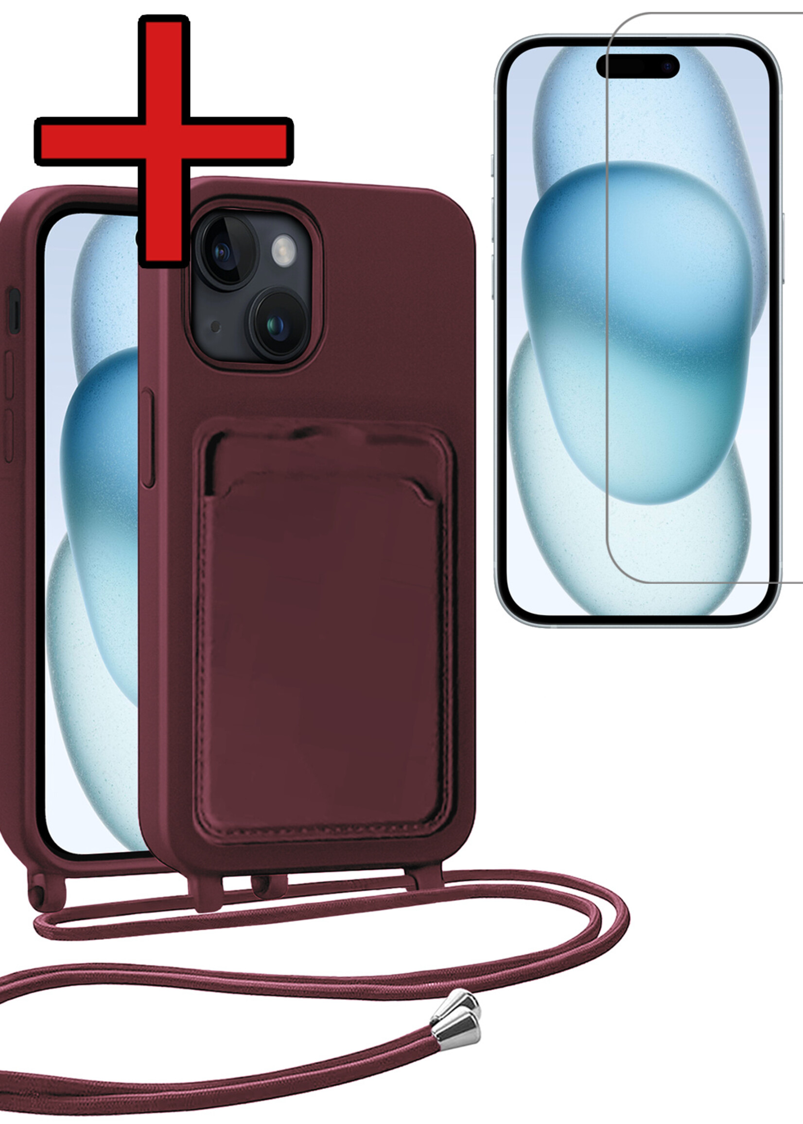 BTH BTH iPhone 15 Hoesje Pashouder met Koord Met Screenprotector - Aubergine