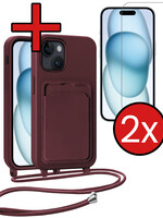 BTH BTH iPhone 15 Hoesje Pashouder met Koord Met 2x Screenprotector - Aubergine